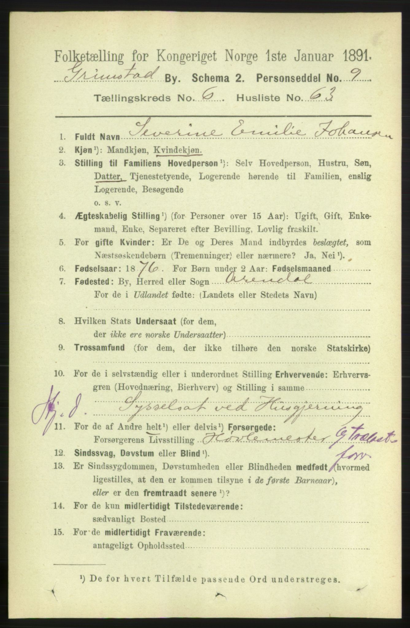 RA, 1891 census for 0904 Grimstad, 1891, p. 4154