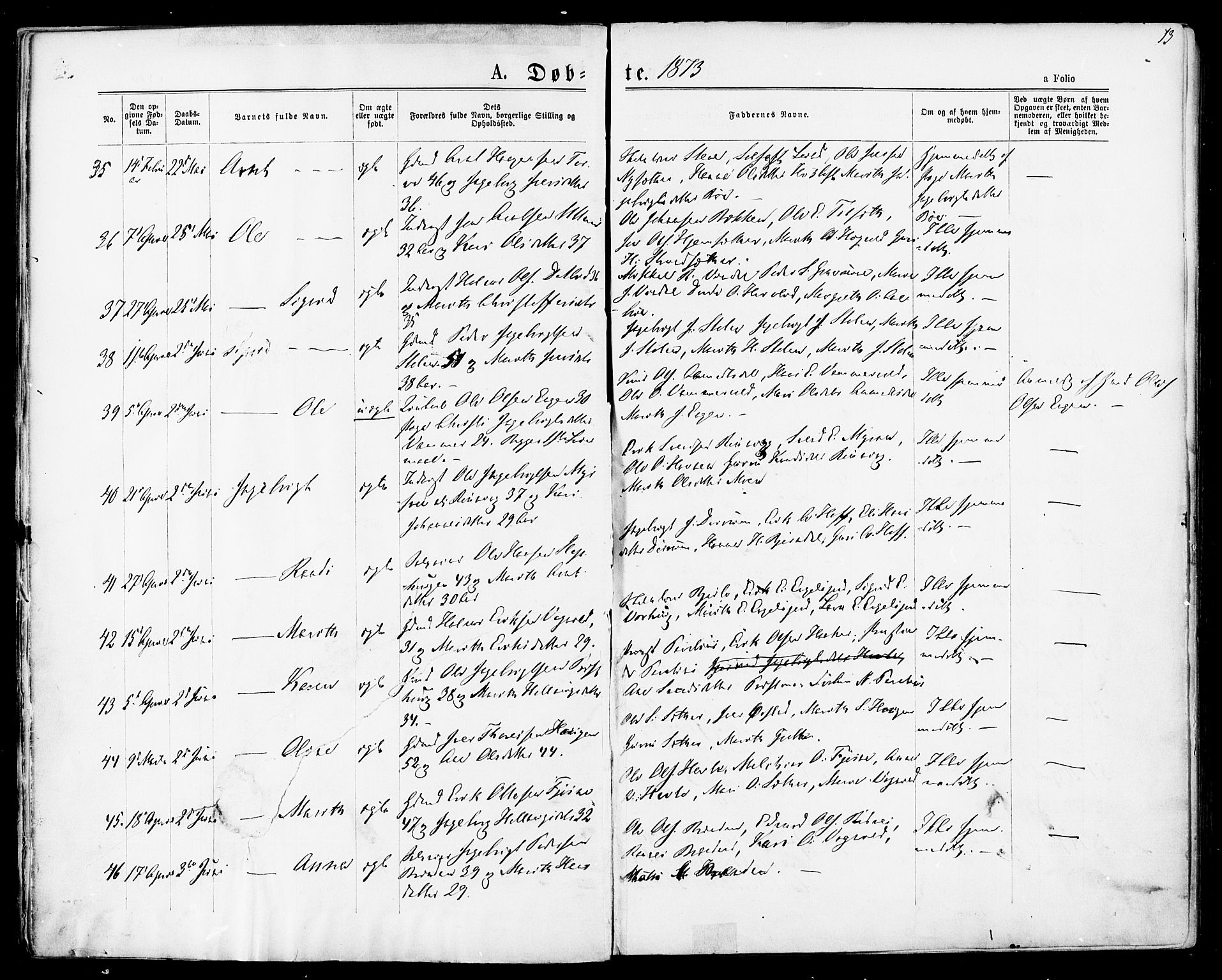 Ministerialprotokoller, klokkerbøker og fødselsregistre - Sør-Trøndelag, SAT/A-1456/678/L0900: Parish register (official) no. 678A09, 1872-1881, p. 13
