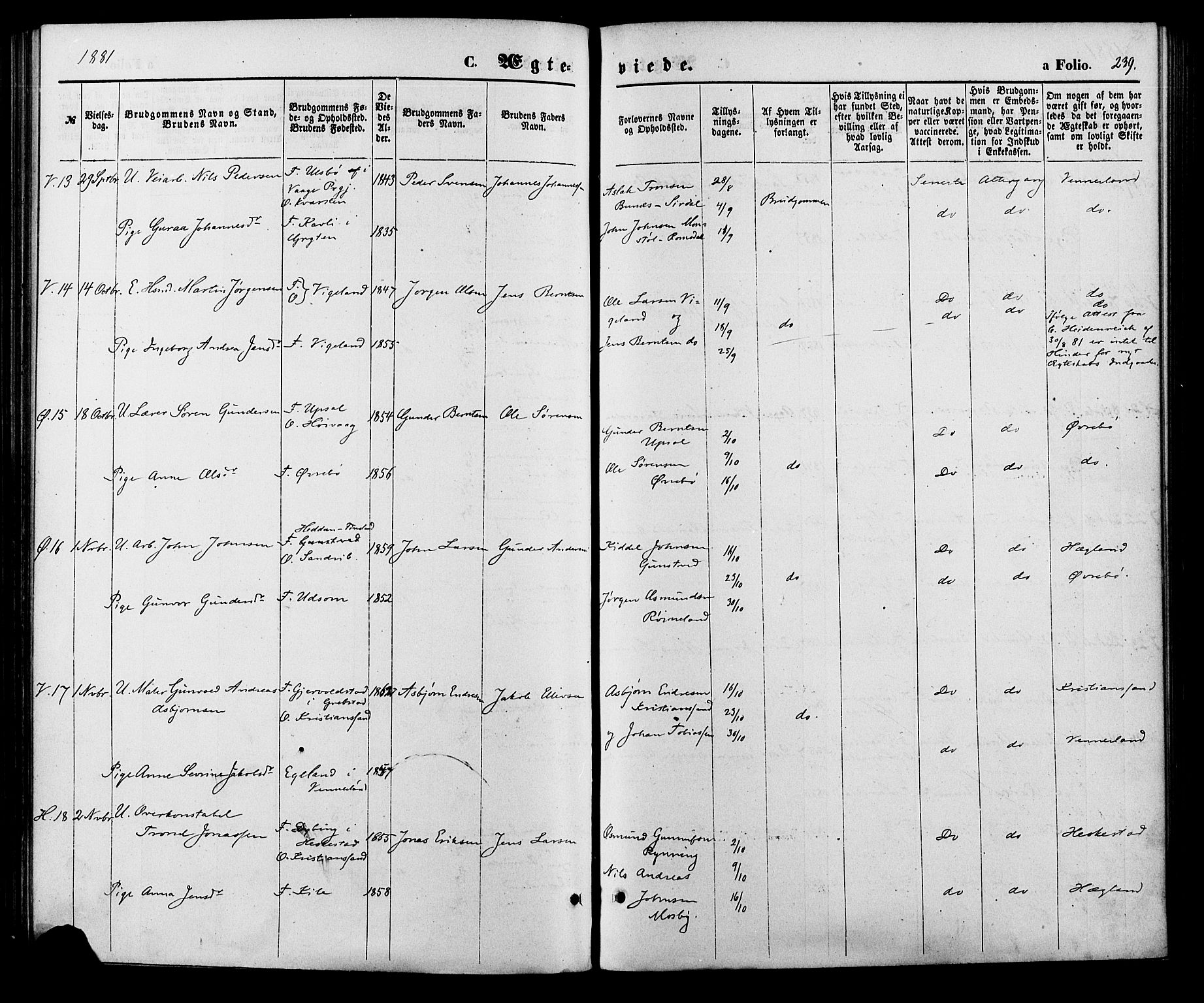 Vennesla sokneprestkontor, AV/SAK-1111-0045/Fa/Fac/L0008: Parish register (official) no. A 8, 1874-1883, p. 239