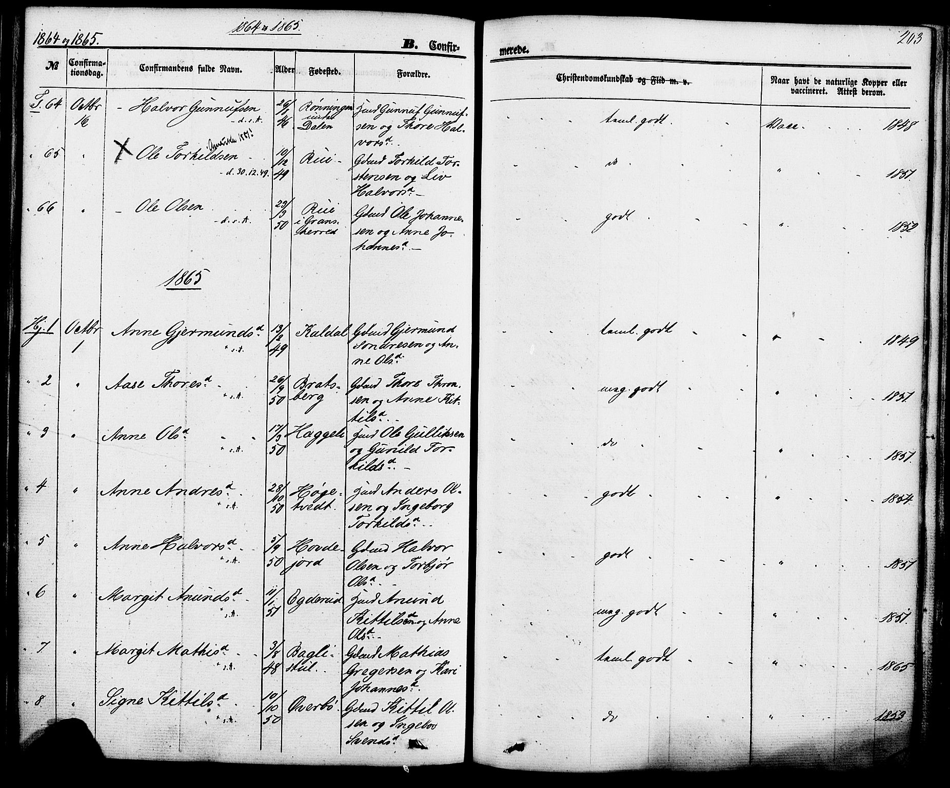 Hjartdal kirkebøker, SAKO/A-270/F/Fa/L0009: Parish register (official) no. I 9, 1860-1879, p. 203