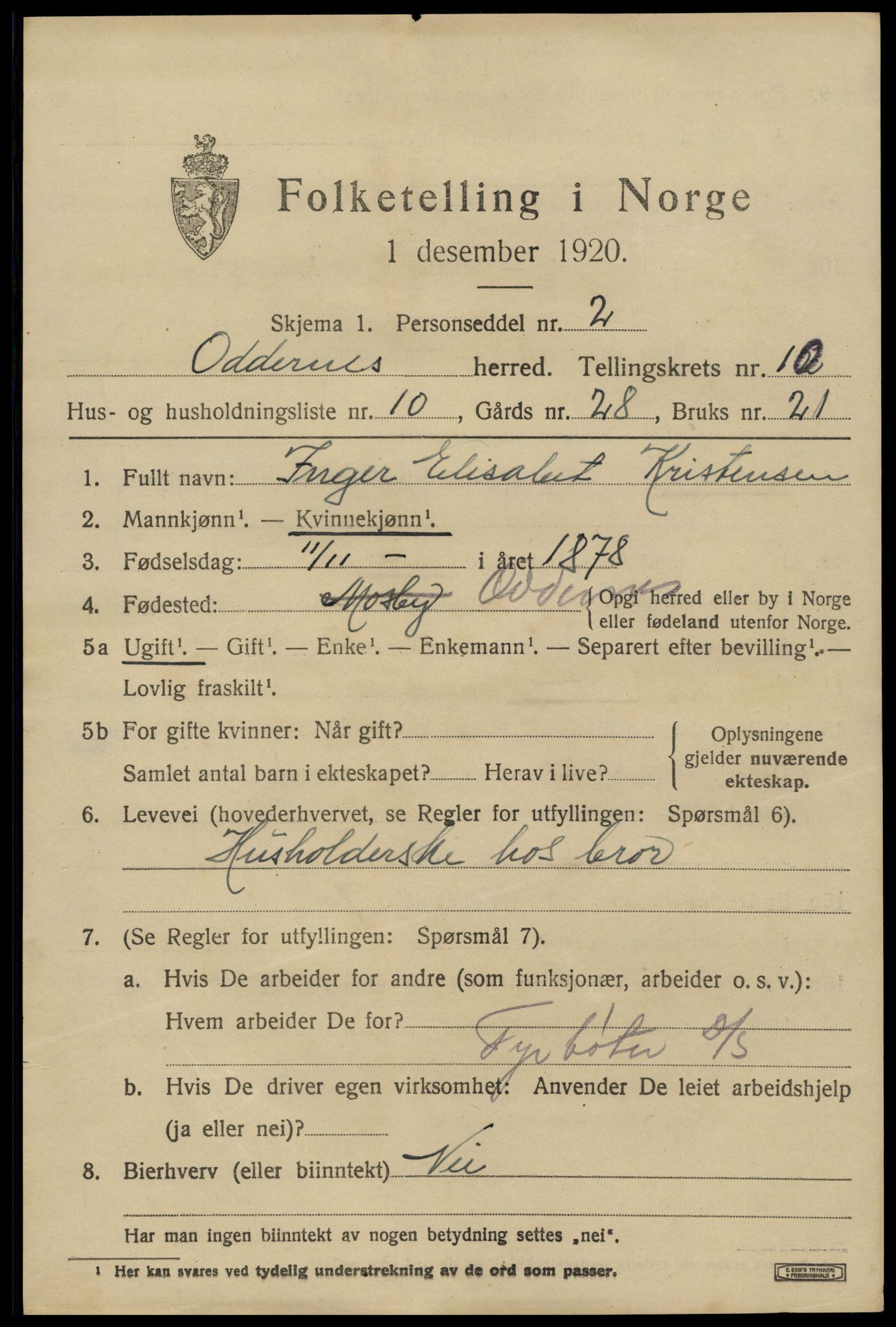 SAK, 1920 census for Oddernes, 1920, p. 6463