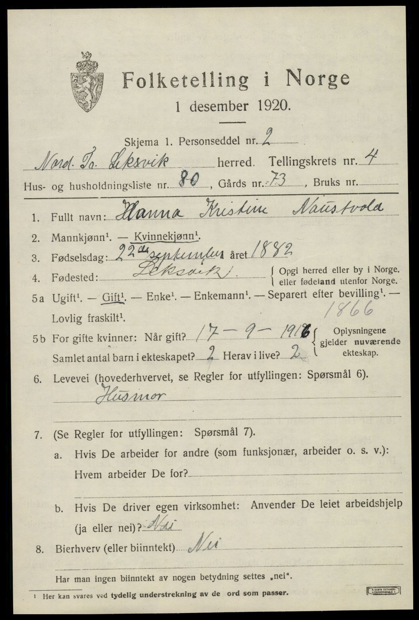 SAT, 1920 census for Leksvik, 1920, p. 4526