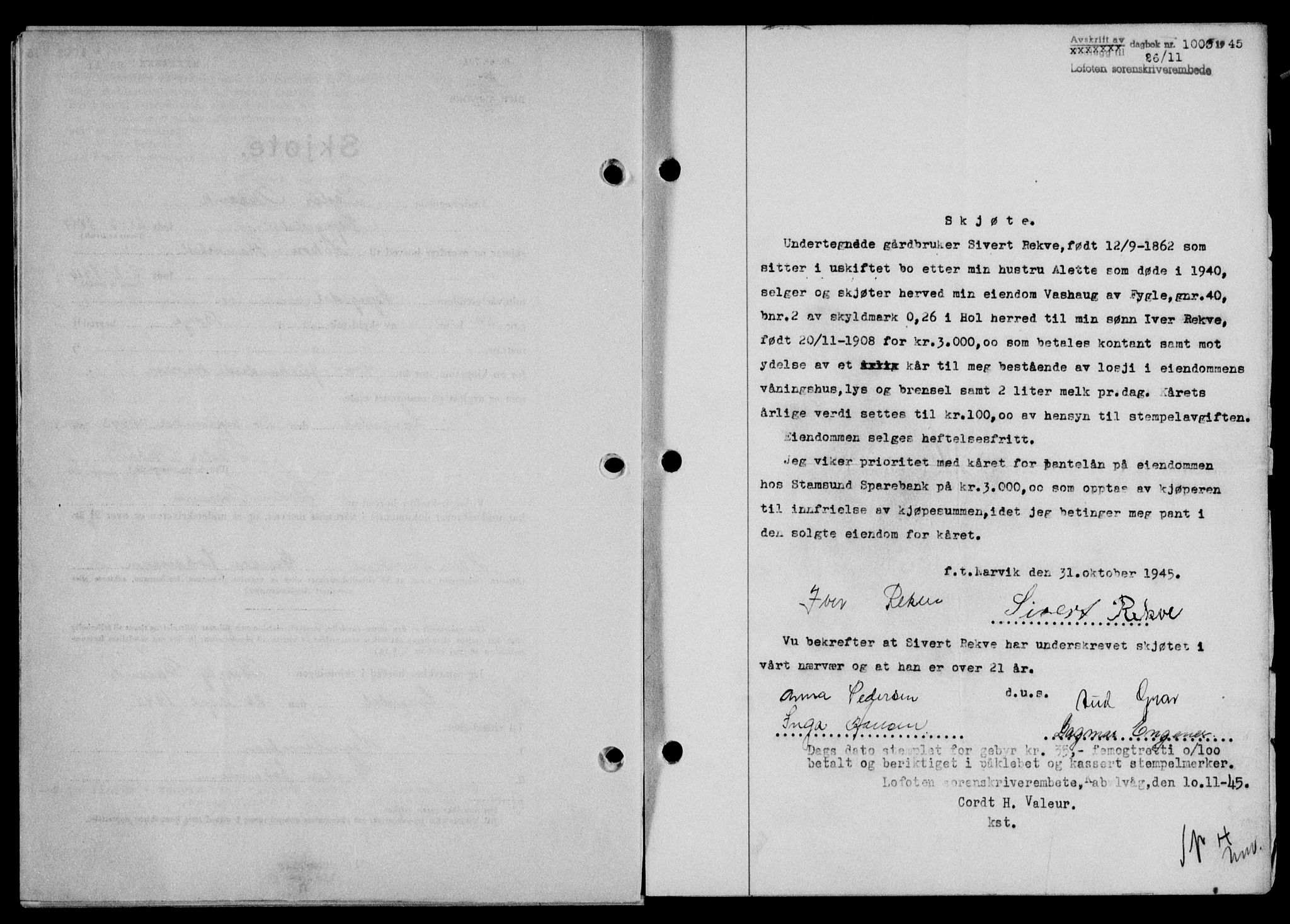 Lofoten sorenskriveri, SAT/A-0017/1/2/2C/L0013a: Mortgage book no. 13a, 1944-1946, Diary no: : 1003/1945