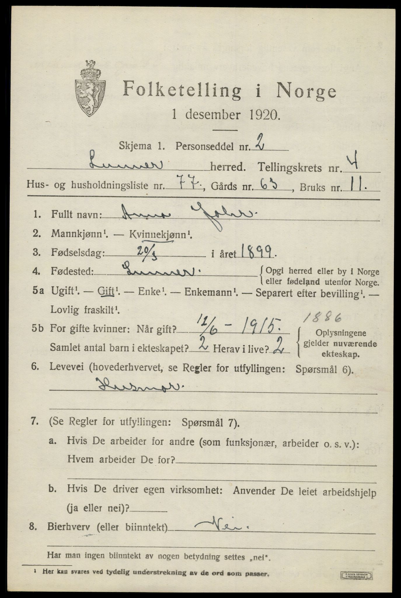 SAH, 1920 census for Lunner, 1920, p. 6209