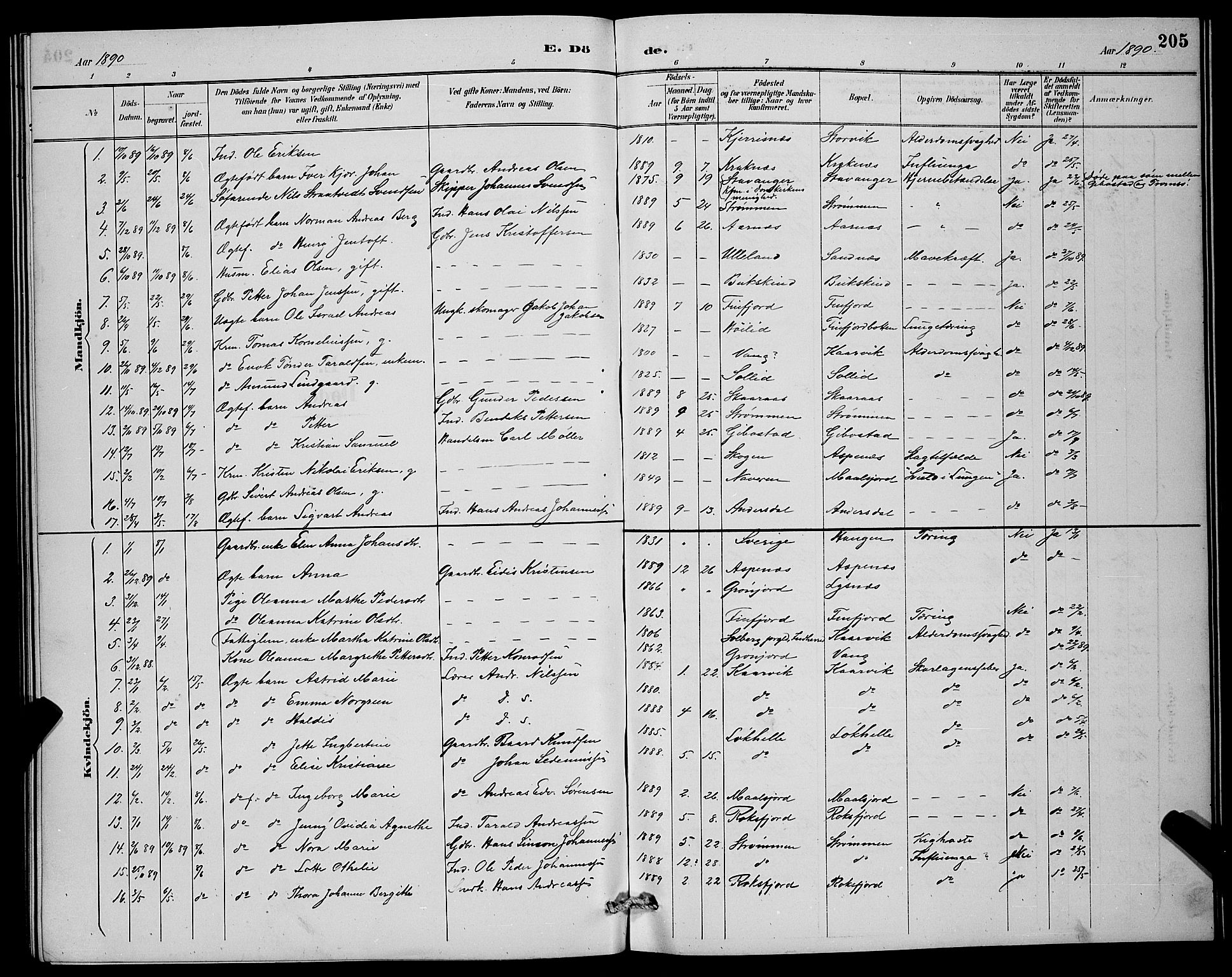 Lenvik sokneprestembete, SATØ/S-1310/H/Ha/Hab/L0007klokker: Parish register (copy) no. 7, 1890-1898, p. 205