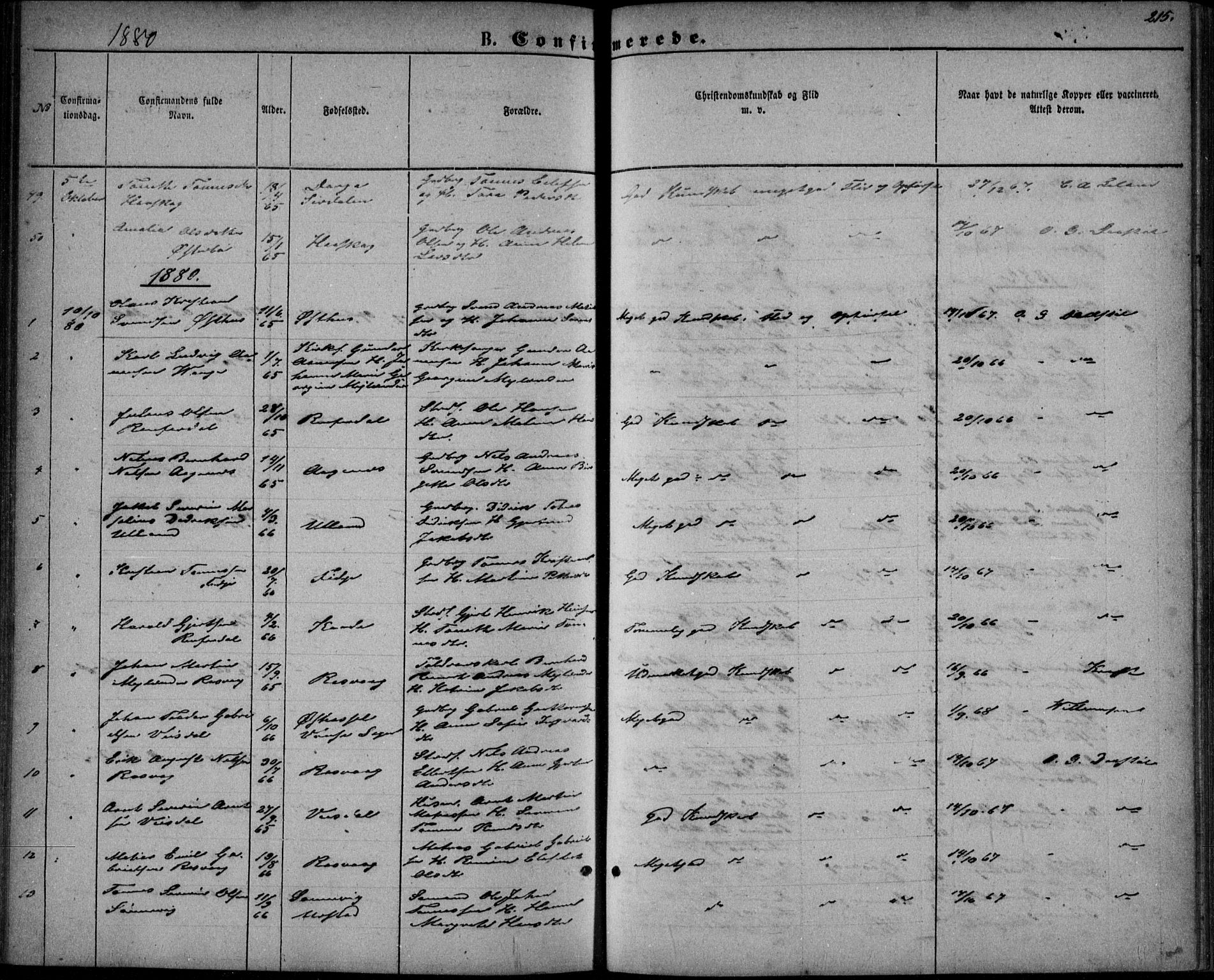 Flekkefjord sokneprestkontor, AV/SAK-1111-0012/F/Fb/Fbb/L0003: Parish register (copy) no. B 3, 1867-1889, p. 215