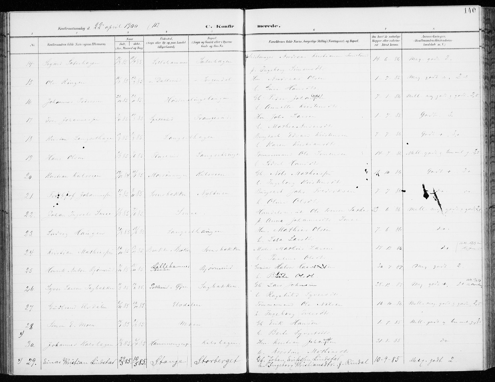 Fåberg prestekontor, SAH/PREST-086/H/Ha/Haa/L0011: Parish register (official) no. 11, 1899-1913, p. 140