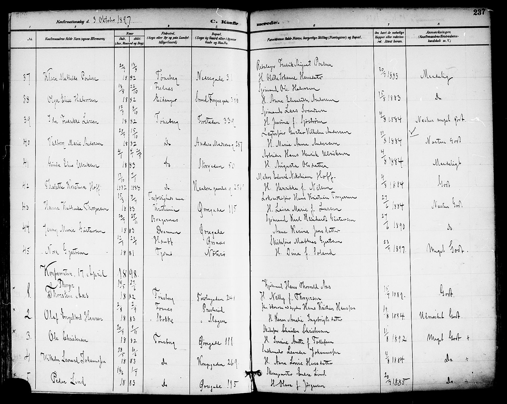 Tønsberg kirkebøker, SAKO/A-330/F/Fa/L0012: Parish register (official) no. I 12, 1891-1899, p. 237