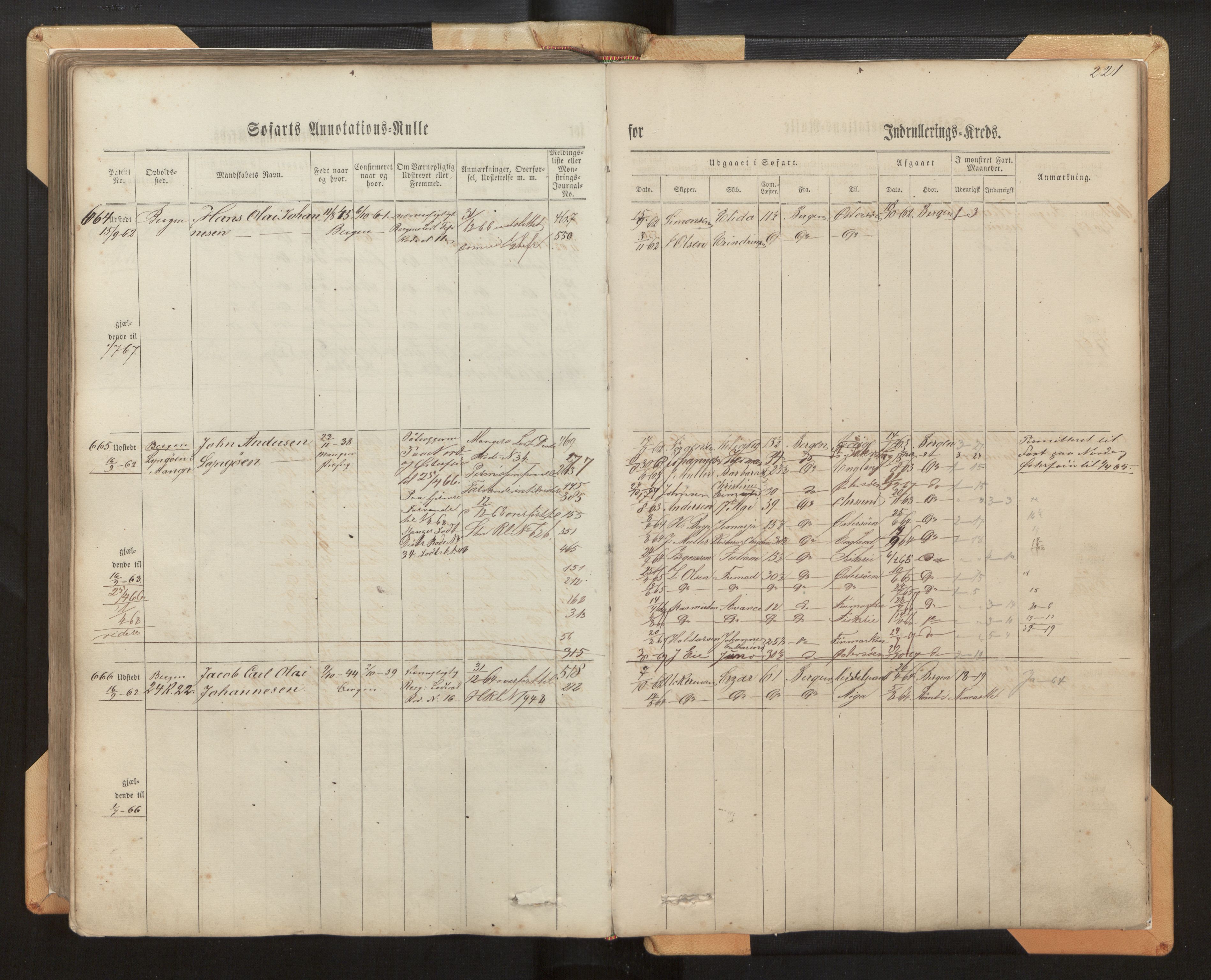 Innrulleringssjefen i Bergen, AV/SAB-A-100050/F/Fh/L0005: Sjøfarts- og annotasjonsrulle for Bergen krets, fol. 1 - 238, 1860-1867, p. 221