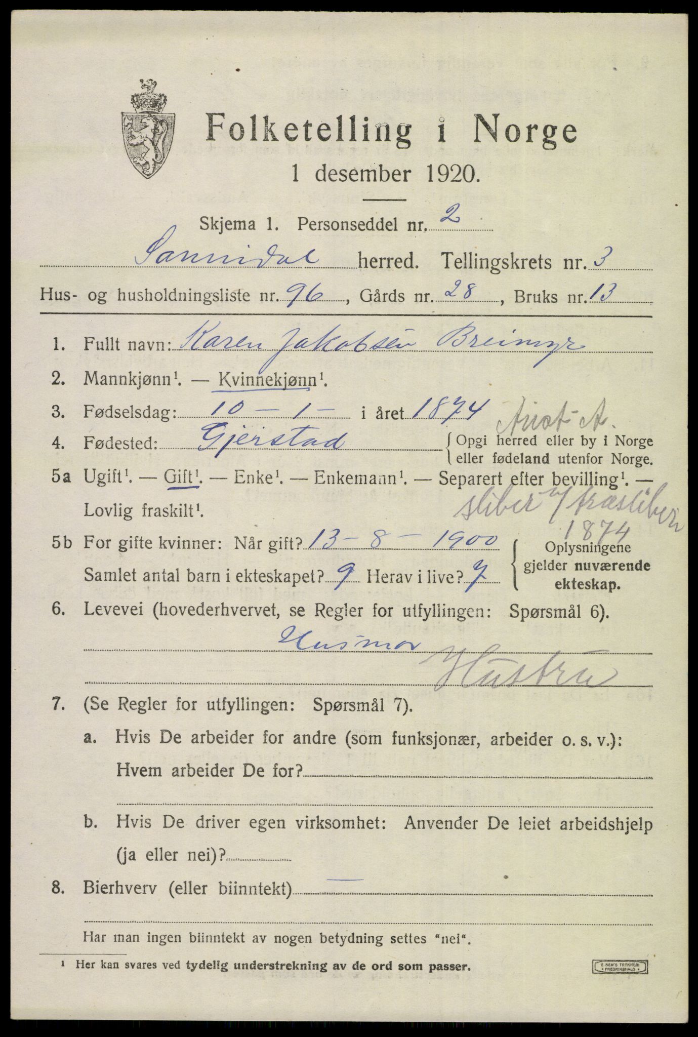 SAKO, 1920 census for Sannidal, 1920, p. 3321