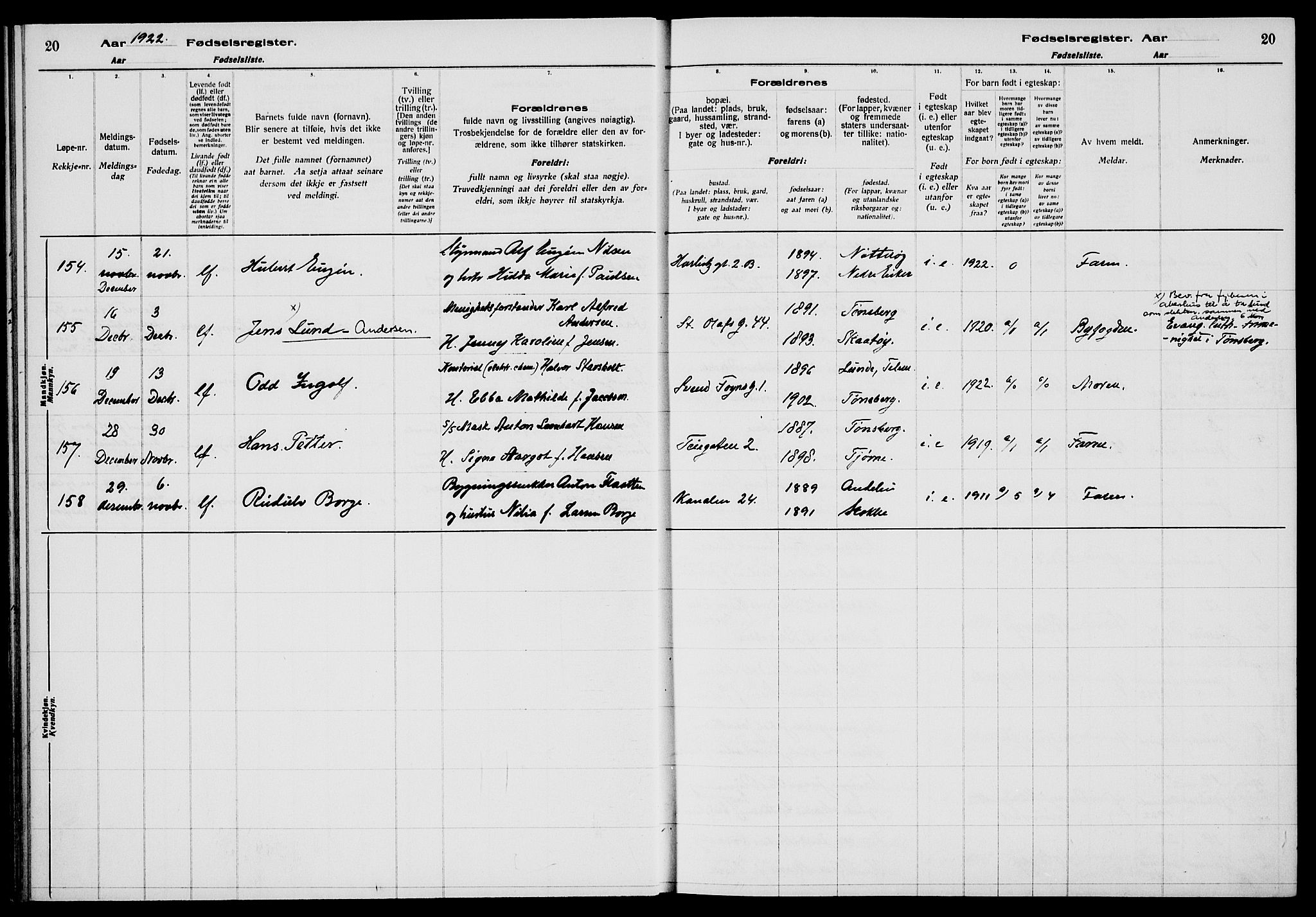 Tønsberg kirkebøker, AV/SAKO-A-330/J/Ja/L0002: Birth register no. 2, 1922-1928, p. 20