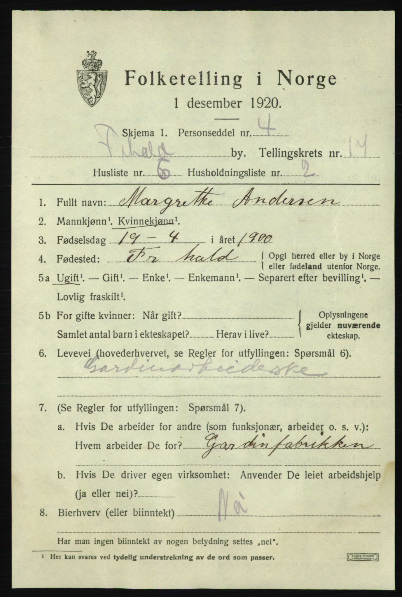 SAO, 1920 census for Fredrikshald, 1920, p. 25862