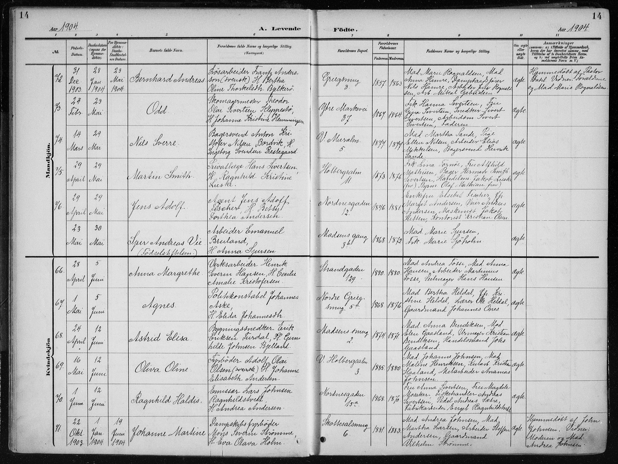 Nykirken Sokneprestembete, SAB/A-77101/H/Haa/L0019: Parish register (official) no. B 7, 1904-1916, p. 14