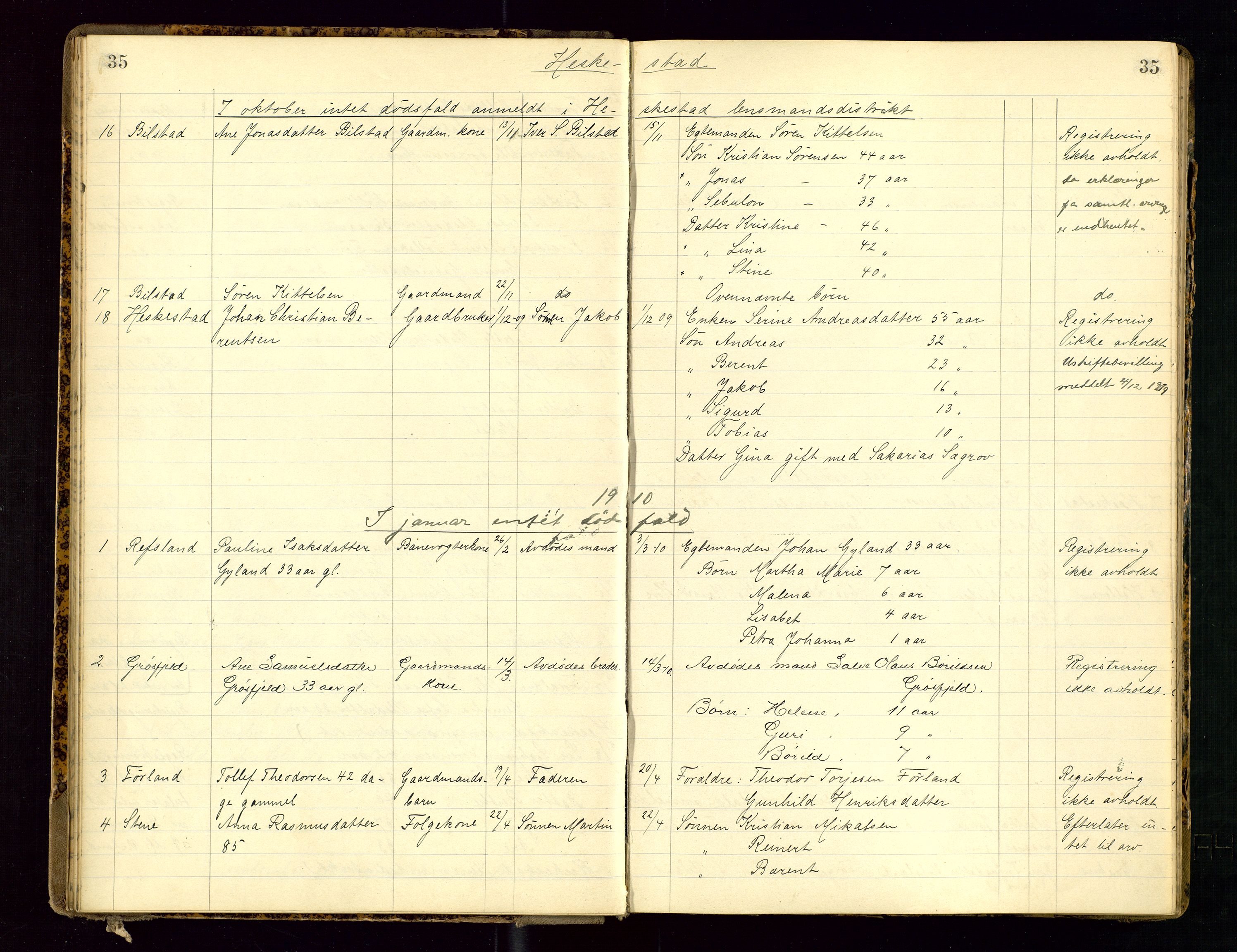 Dalane sorenskriveri, AV/SAST-A-100309/001/5/52/L0001: DØDSFALLPROTOKOLL, 1904-1911, p. 35