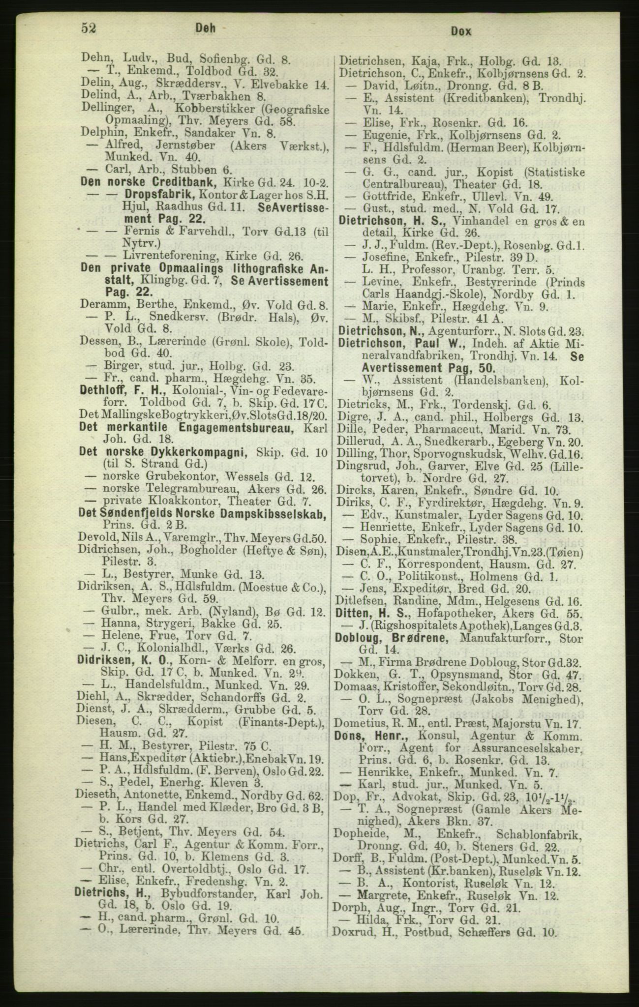 Kristiania/Oslo adressebok, PUBL/-, 1882, p. 52