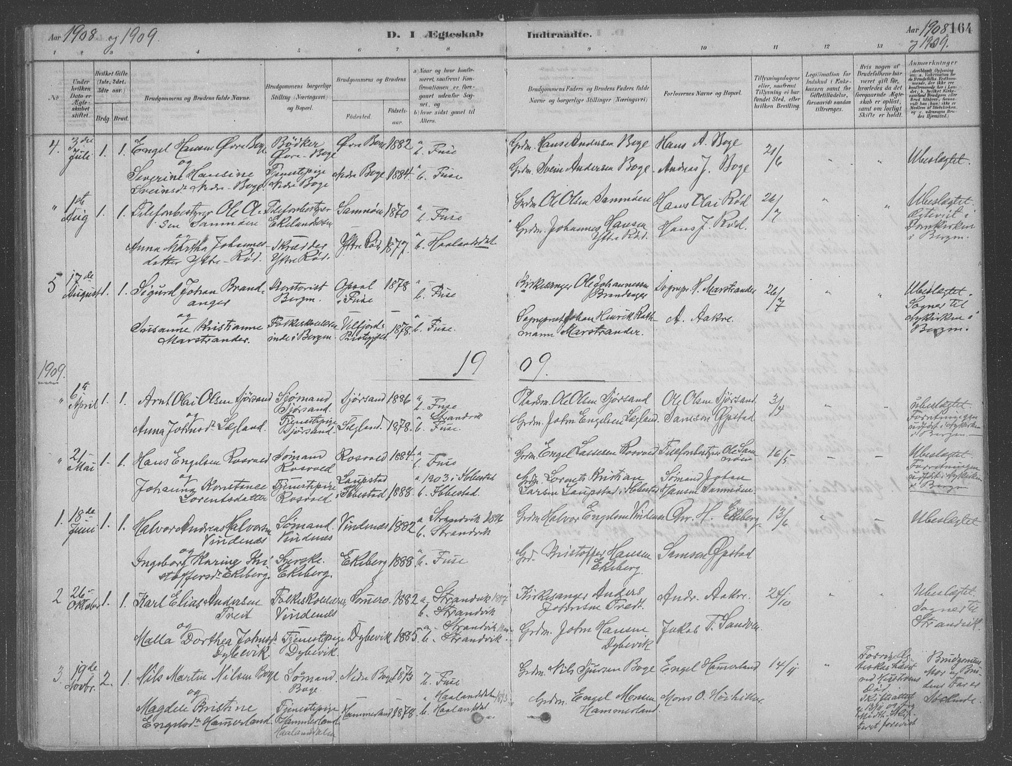 Fusa sokneprestembete, AV/SAB-A-75401/H/Haa: Parish register (official) no. B 1, 1880-1938, p. 164