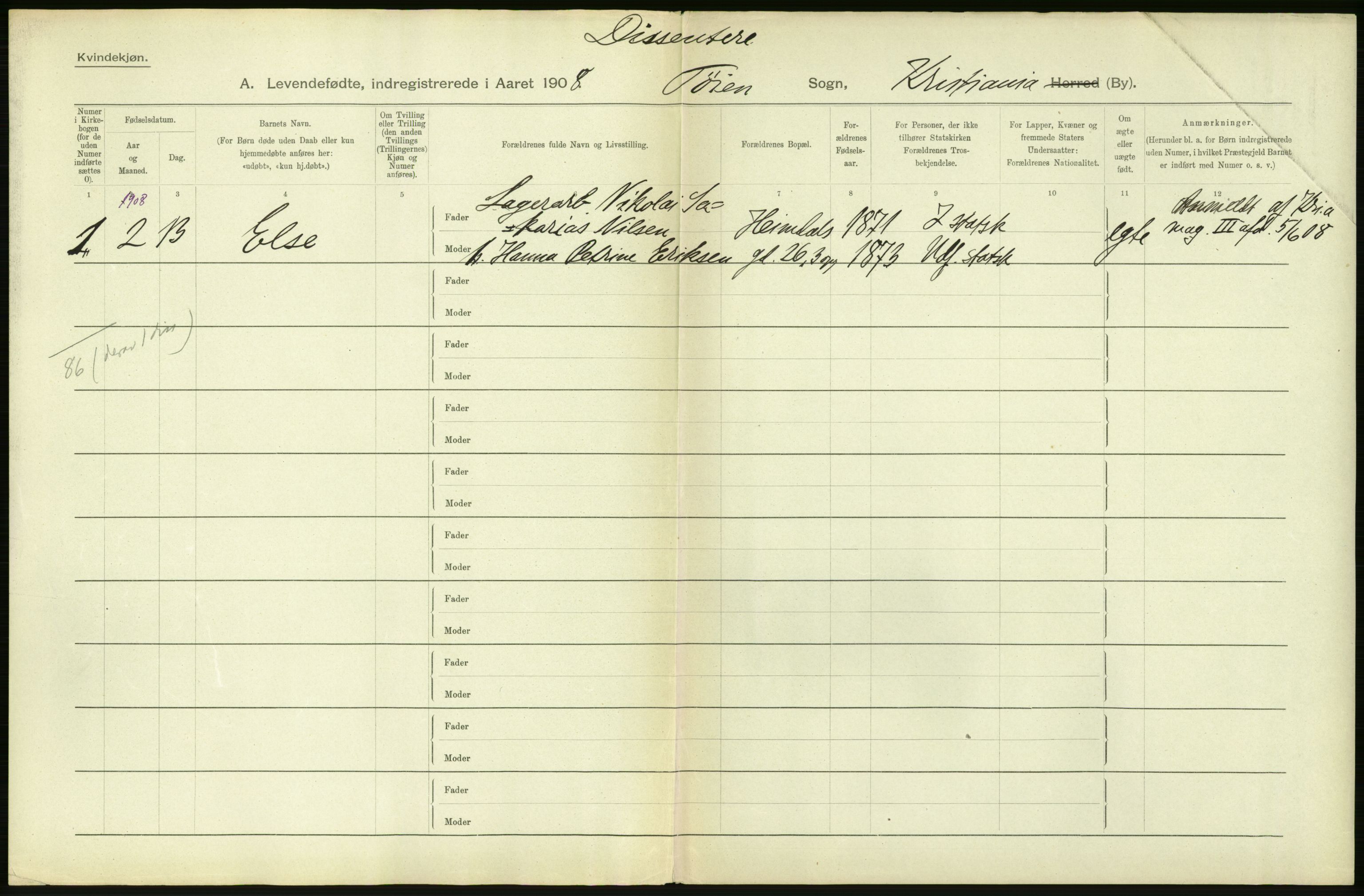 Statistisk sentralbyrå, Sosiodemografiske emner, Befolkning, AV/RA-S-2228/D/Df/Dfa/Dfaf/L0005: Kristiania: Levendefødte menn og kvinner., 1908, p. 2