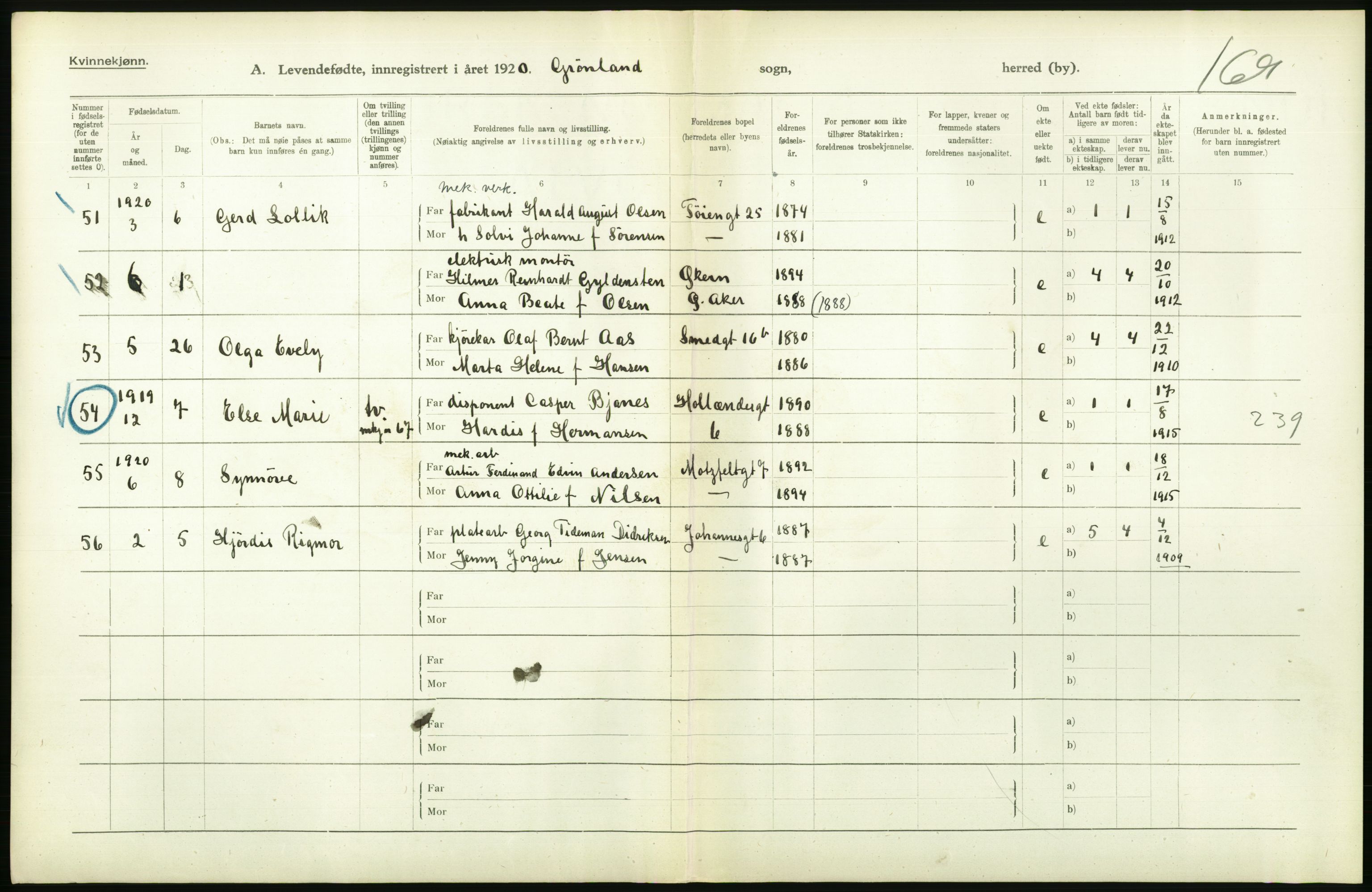 Statistisk sentralbyrå, Sosiodemografiske emner, Befolkning, AV/RA-S-2228/D/Df/Dfb/Dfbj/L0008: Kristiania: Levendefødte menn og kvinner., 1920, p. 164