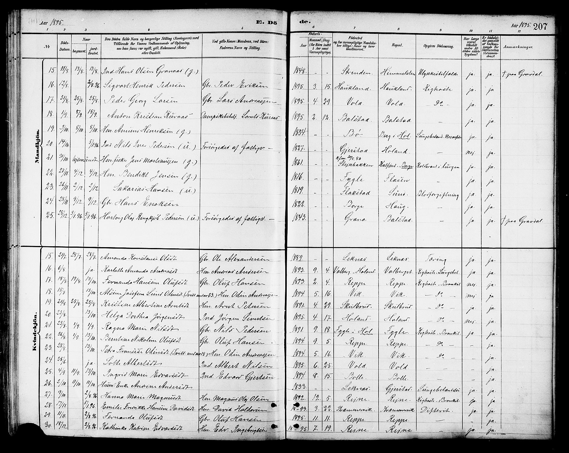 Ministerialprotokoller, klokkerbøker og fødselsregistre - Nordland, SAT/A-1459/881/L1167: Parish register (copy) no. 881C04, 1886-1899, p. 207