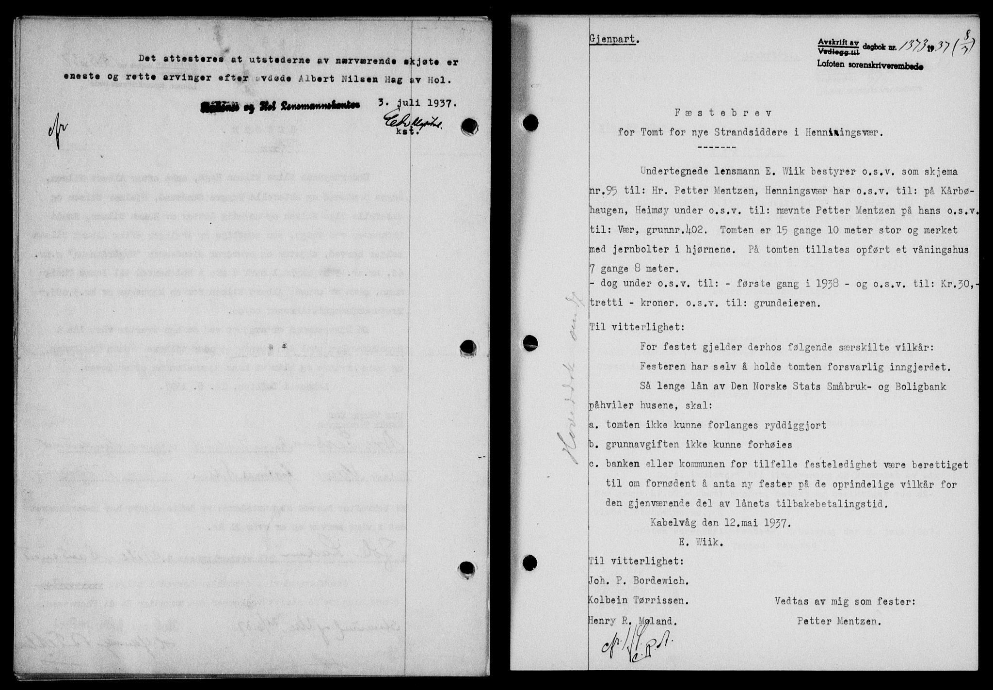 Lofoten sorenskriveri, SAT/A-0017/1/2/2C/L0002a: Mortgage book no. 2a, 1937-1937, Diary no: : 1373/1937