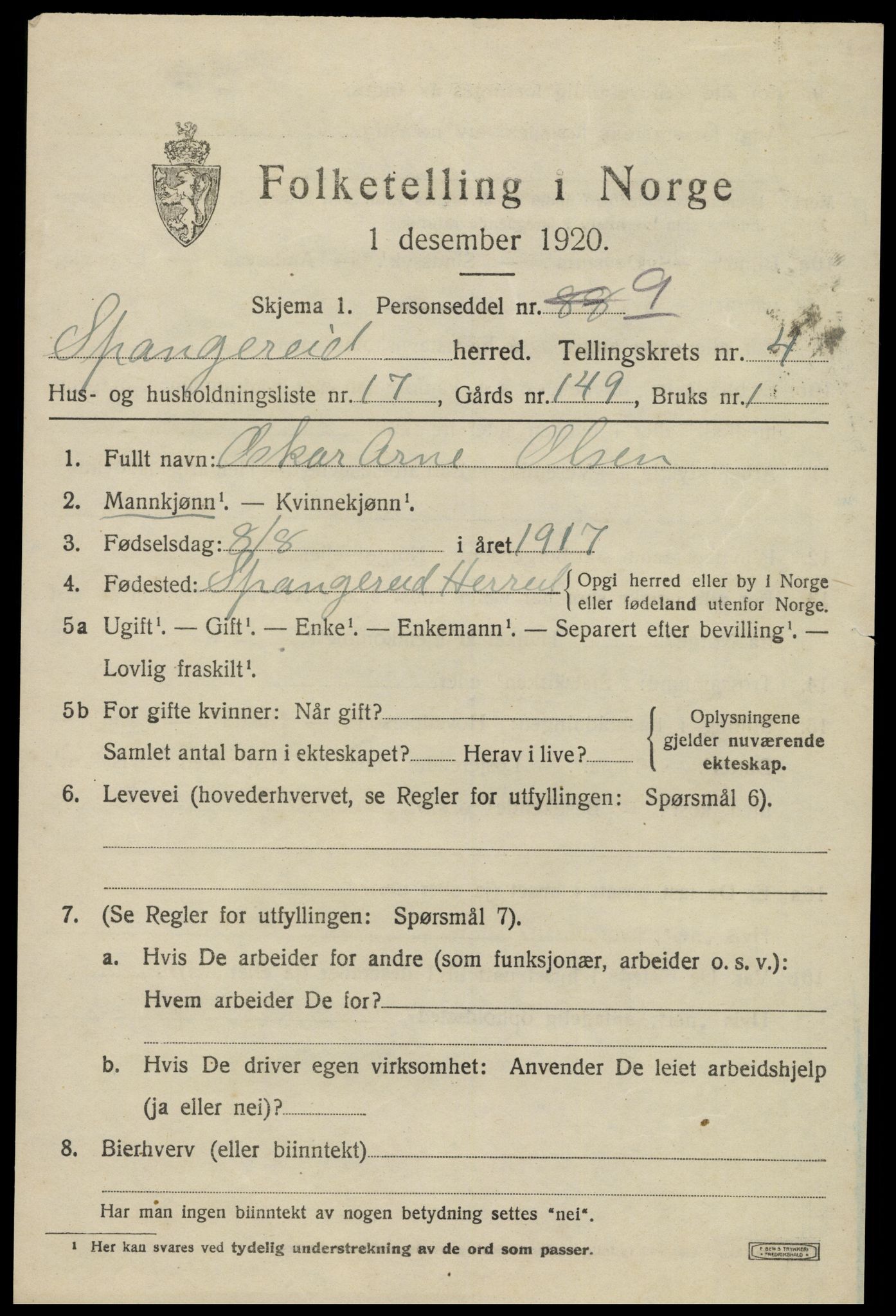 SAK, 1920 census for Spangereid, 1920, p. 1693