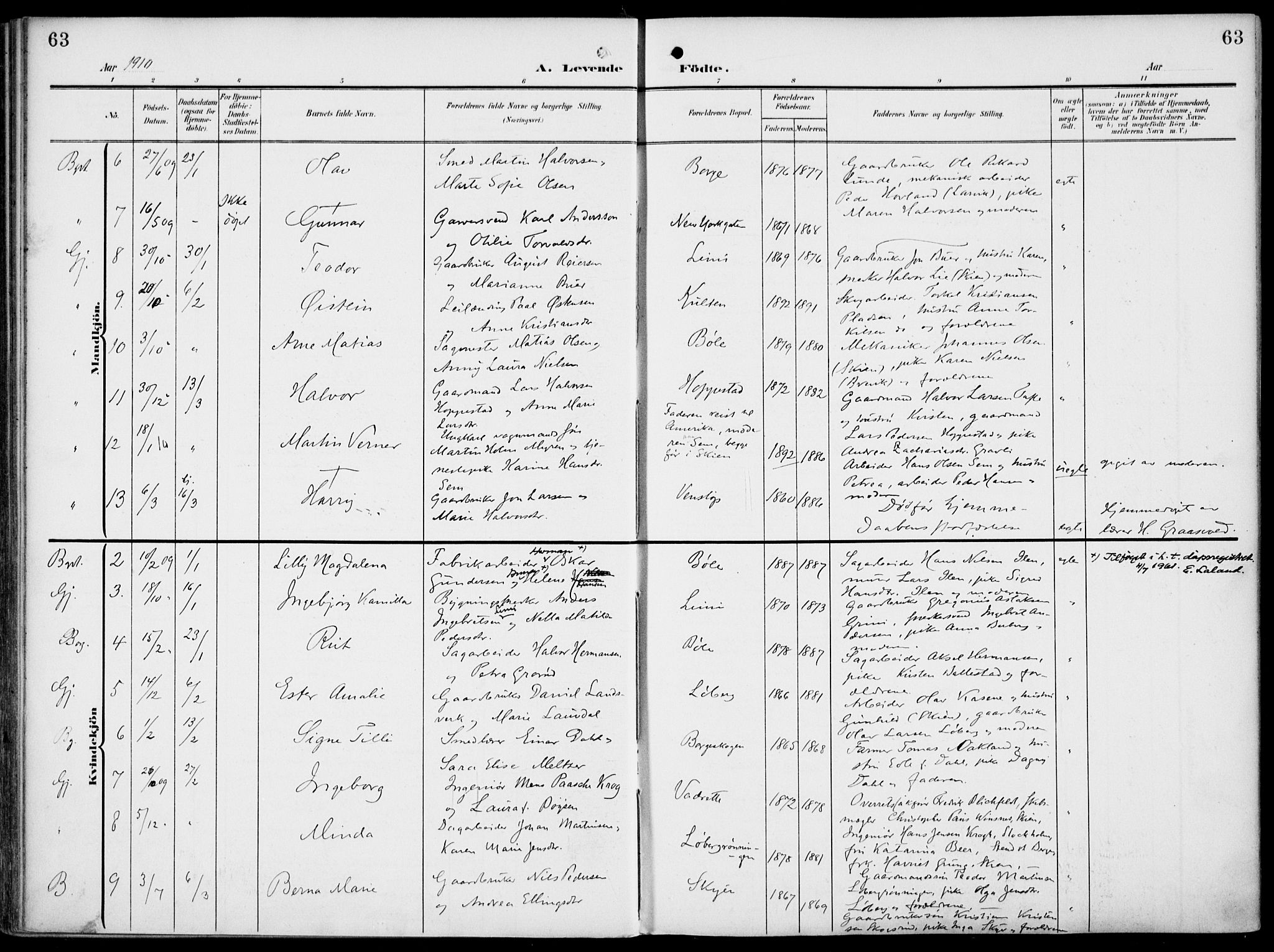 Gjerpen kirkebøker, SAKO/A-265/F/Fa/L0012: Parish register (official) no. I 12, 1905-1913, p. 63