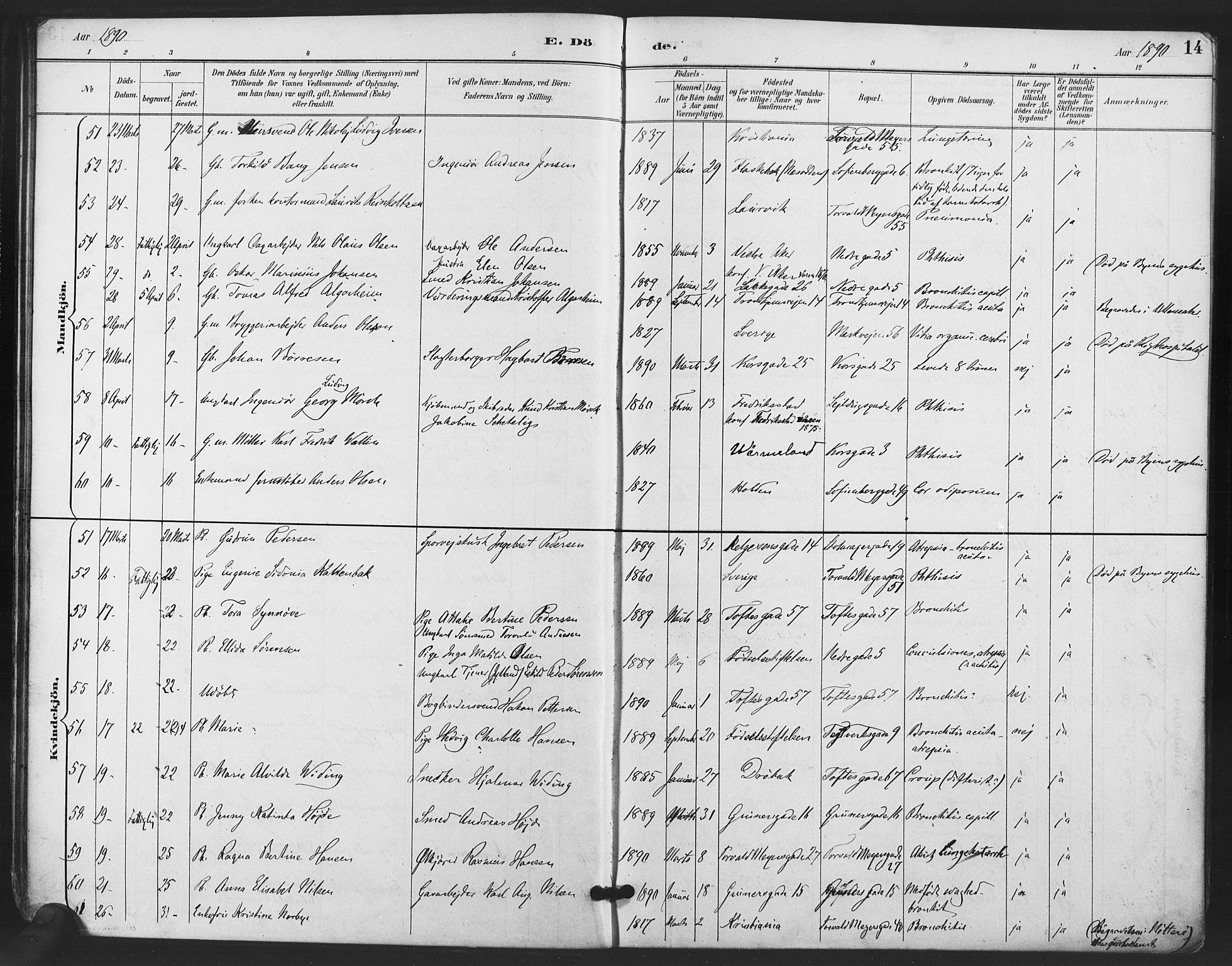 Paulus prestekontor Kirkebøker, AV/SAO-A-10871/F/Fa/L0011: Parish register (official) no. 11, 1889-1897, p. 14