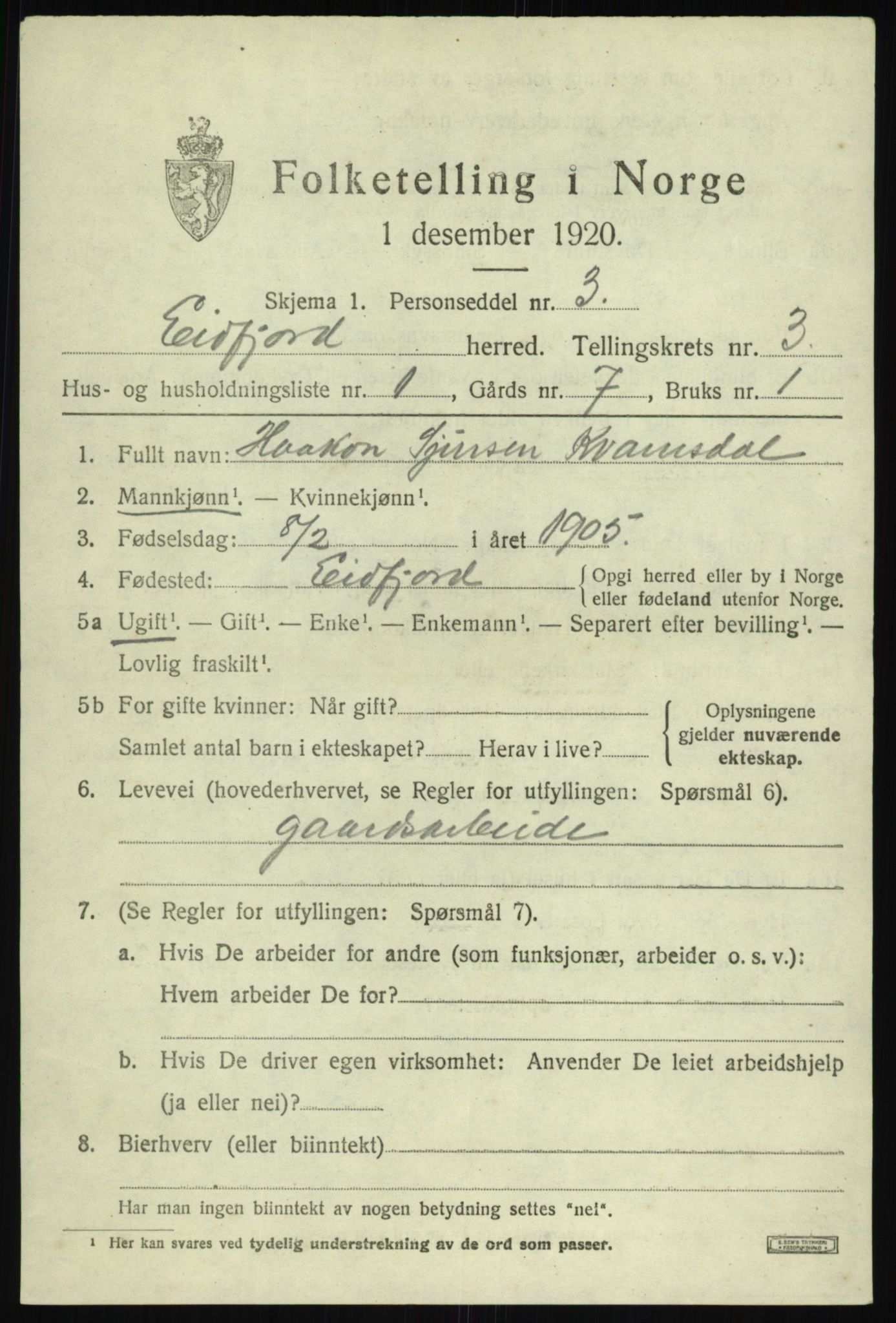 SAB, 1920 census for Eidfjord, 1920, p. 996