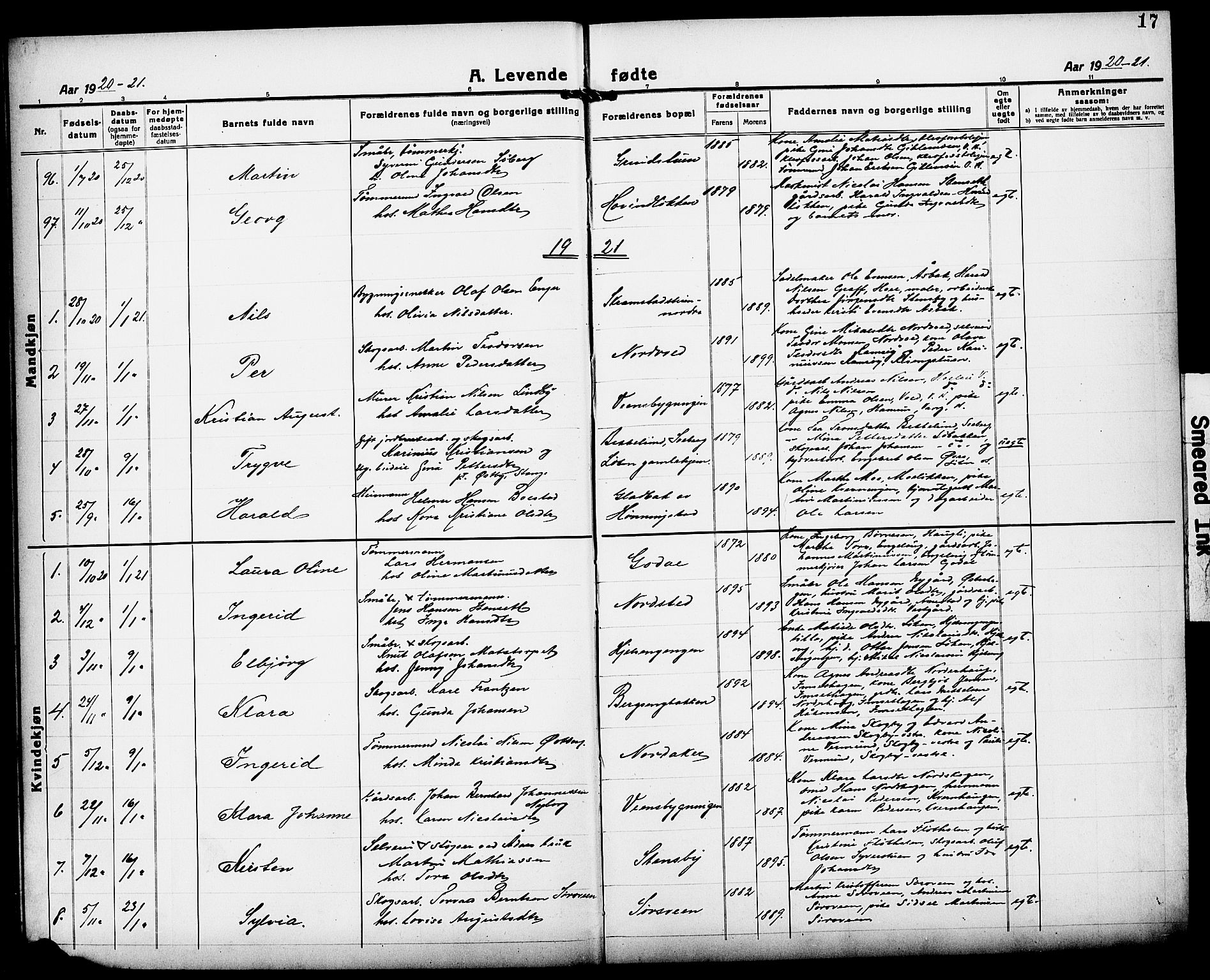 Løten prestekontor, AV/SAH-PREST-022/L/La/L0008: Parish register (copy) no. 8, 1920-1929, p. 17