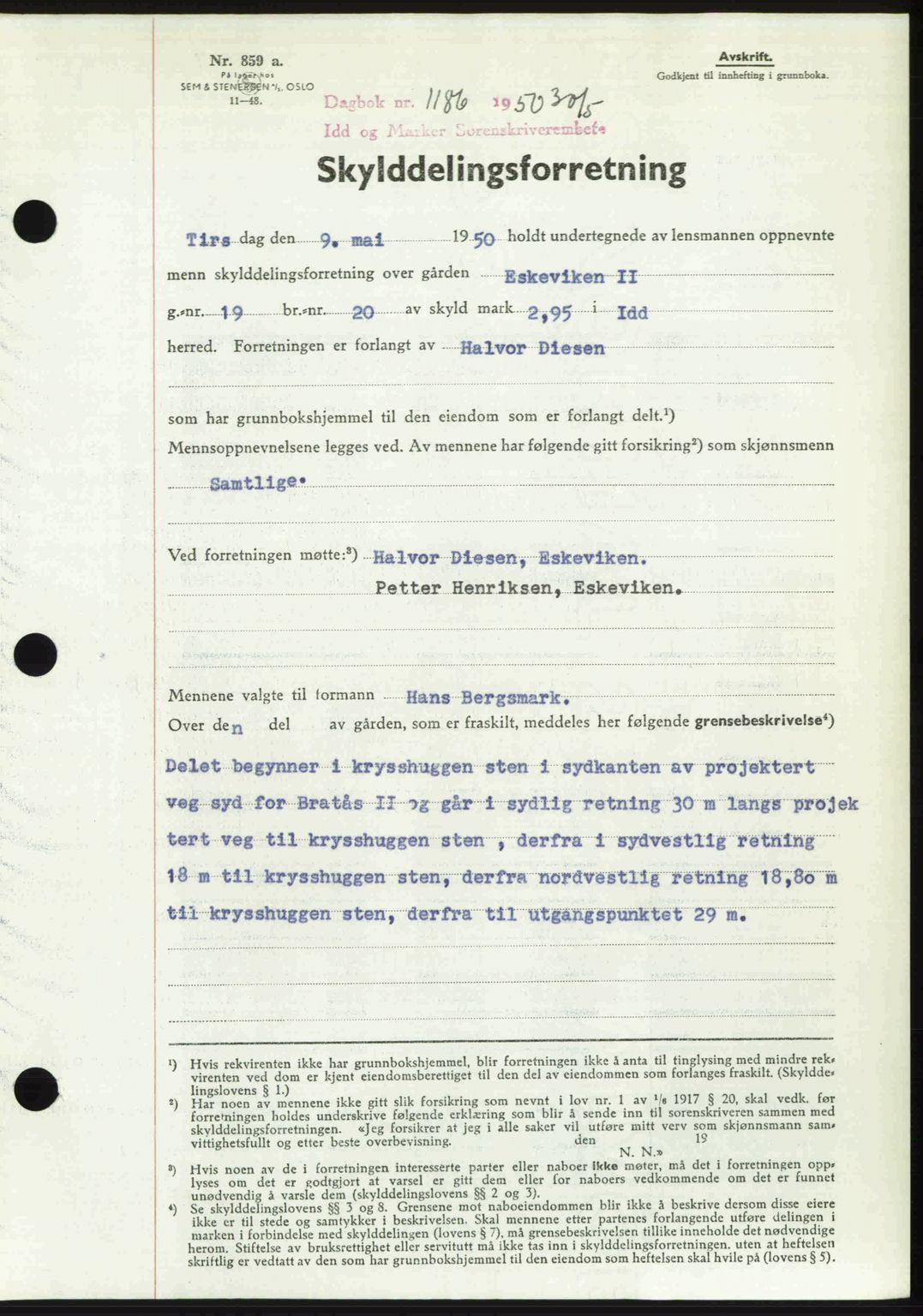 Idd og Marker sorenskriveri, AV/SAO-A-10283/G/Gb/Gbb/L0014: Mortgage book no. A14, 1950-1950, Diary no: : 1186/1950