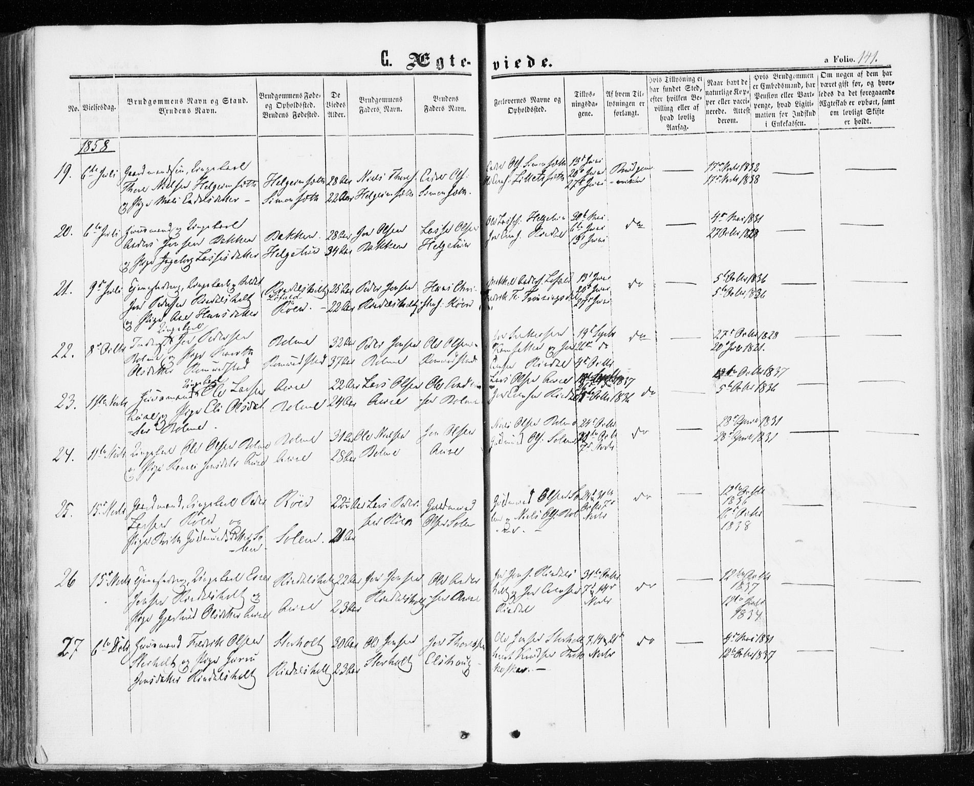 Ministerialprotokoller, klokkerbøker og fødselsregistre - Møre og Romsdal, AV/SAT-A-1454/598/L1067: Parish register (official) no. 598A01, 1858-1871, p. 141