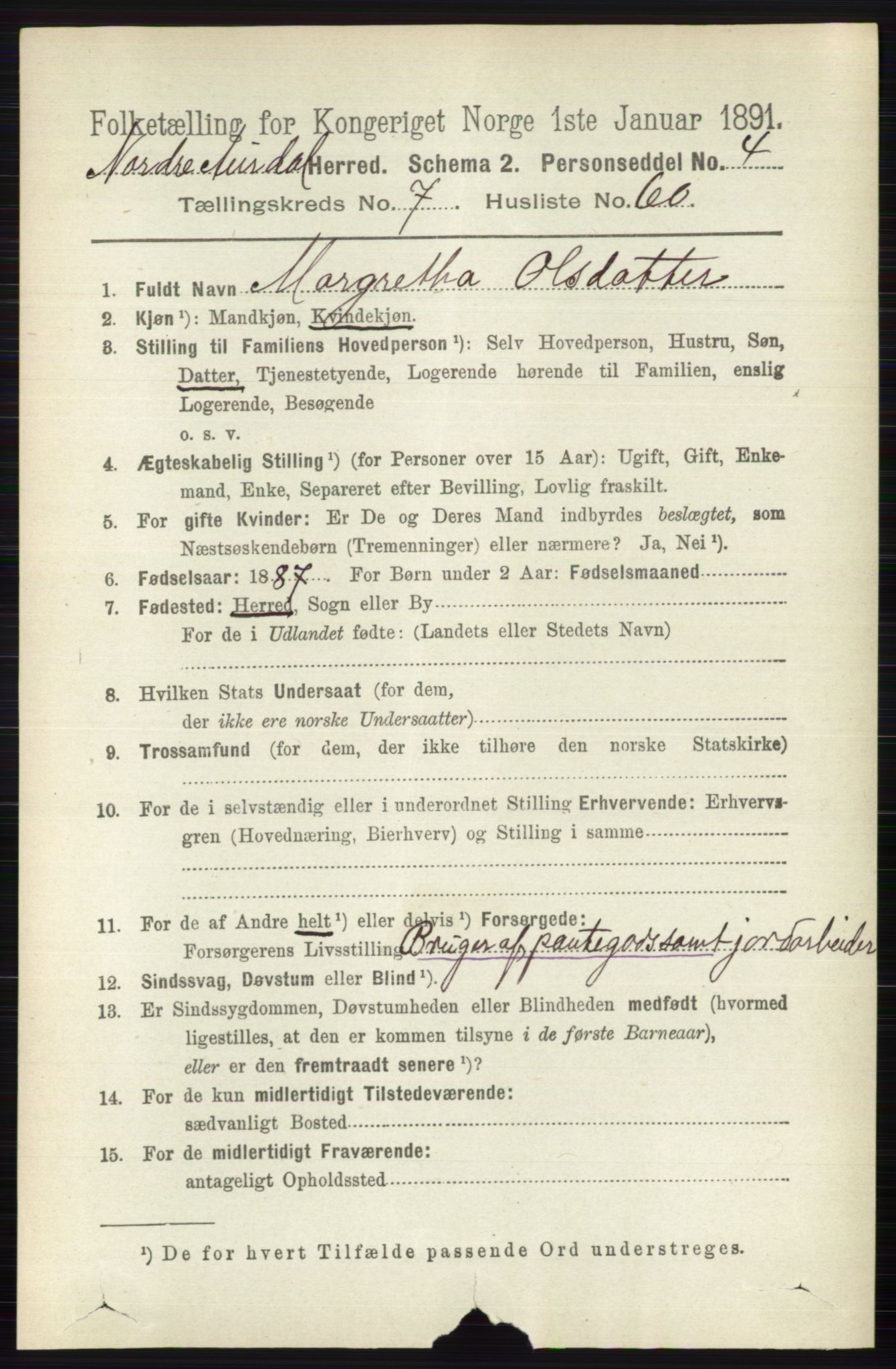 RA, 1891 census for 0542 Nord-Aurdal, 1891, p. 2701