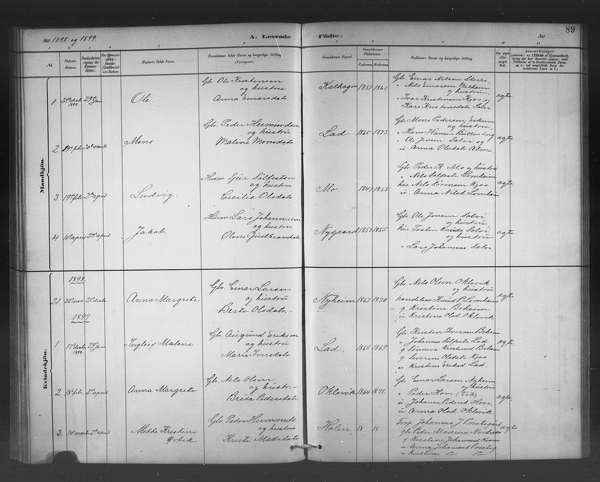 Hafslo sokneprestembete, AV/SAB-A-80301/H/Hab/Habb/L0001: Parish register (copy) no. B 1, 1882-1908, p. 89