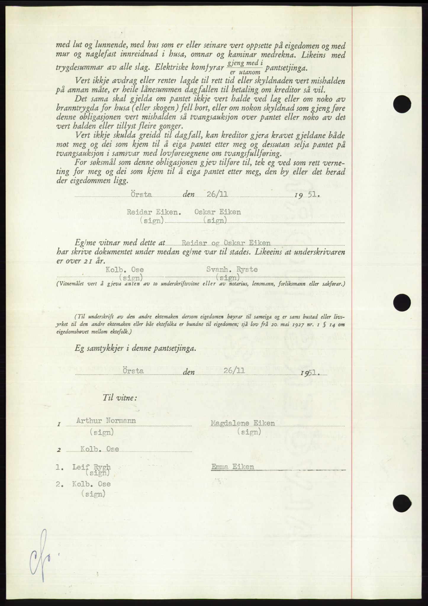 Søre Sunnmøre sorenskriveri, AV/SAT-A-4122/1/2/2C/L0121: Mortgage book no. 9B, 1951-1952, Diary no: : 2466/1951