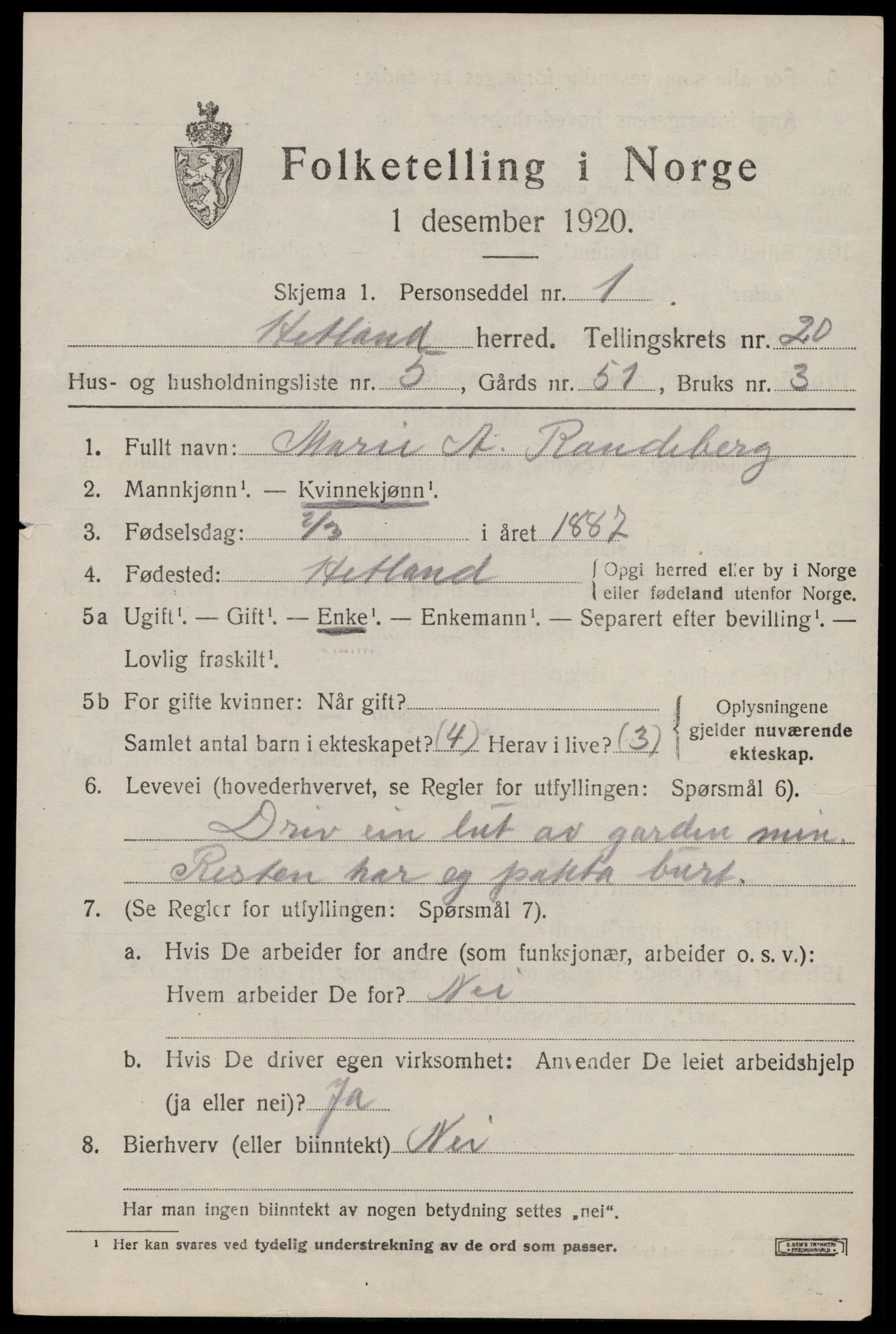 SAST, 1920 census for Hetland, 1920, p. 26495