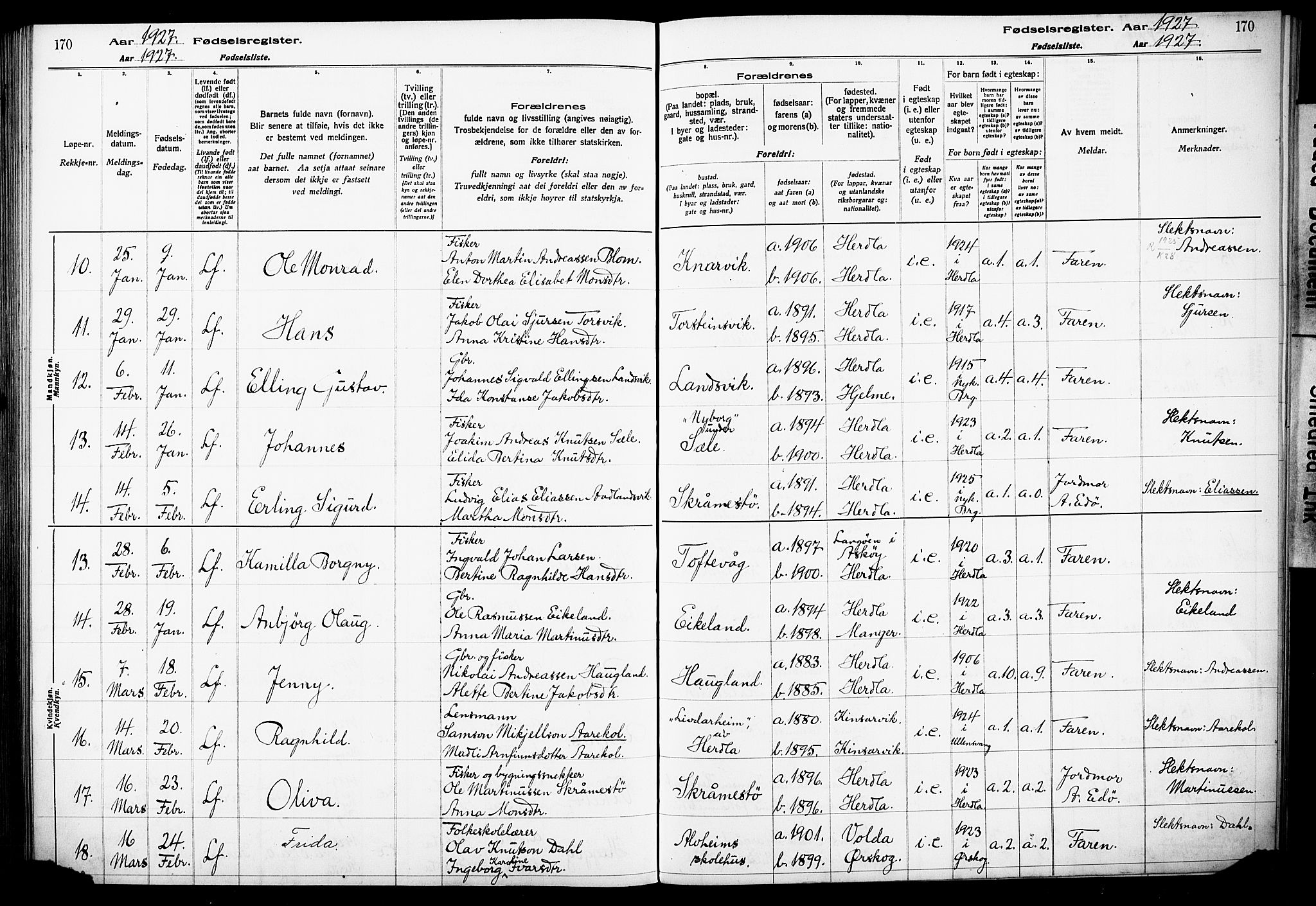 Herdla Sokneprestembete, AV/SAB-A-75701/I/Id/L00A1: Birth register no. A 1, 1916-1929, p. 170