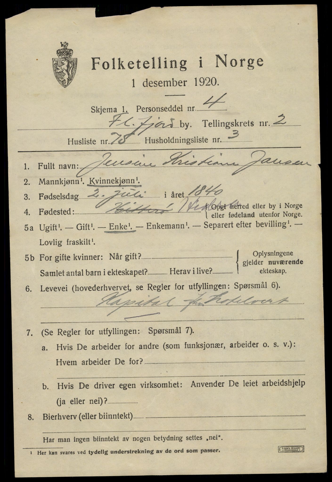 SAK, 1920 census for Flekkefjord, 1920, p. 3404