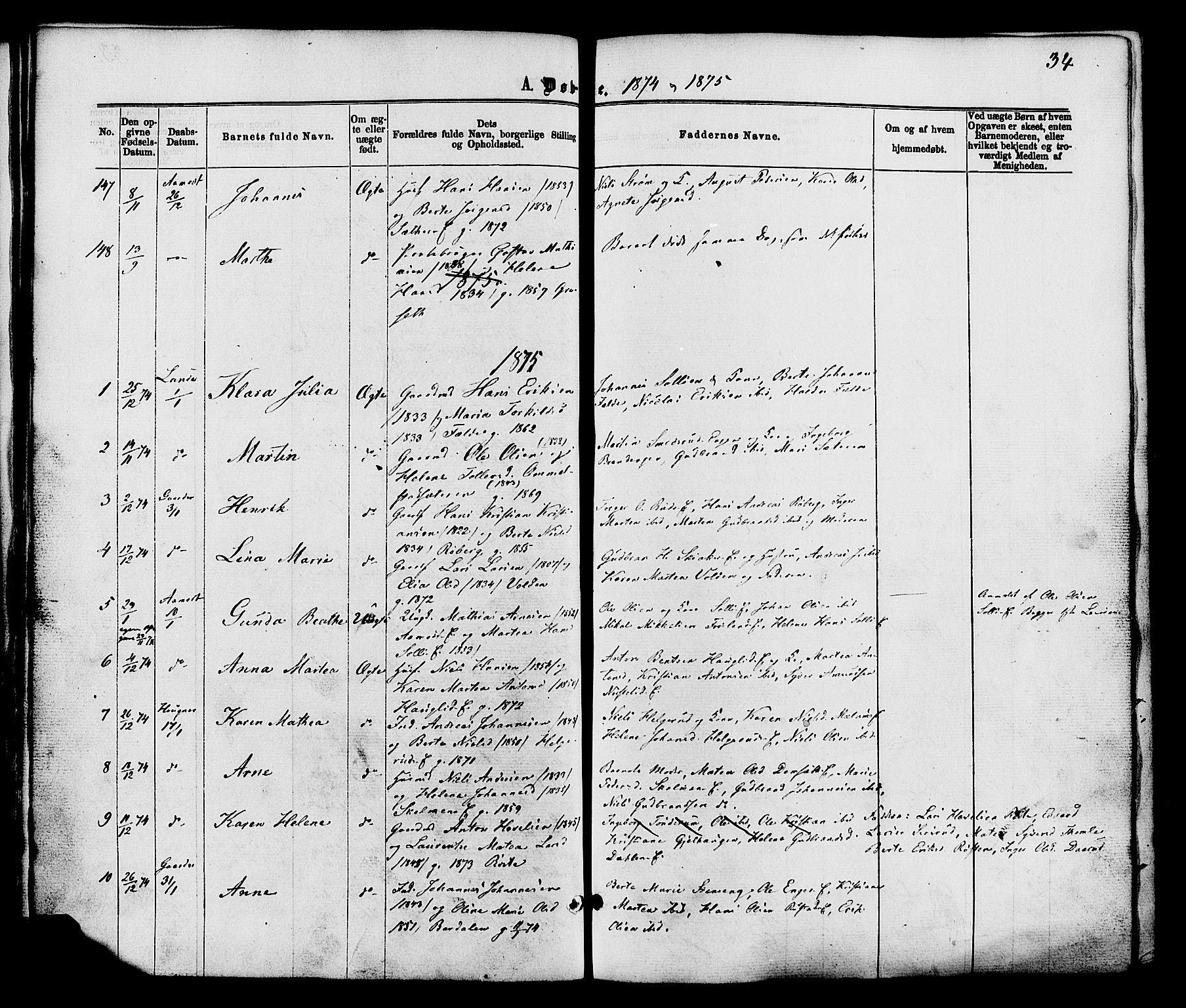 Nordre Land prestekontor, AV/SAH-PREST-124/H/Ha/Haa/L0002: Parish register (official) no. 2, 1872-1881, p. 34