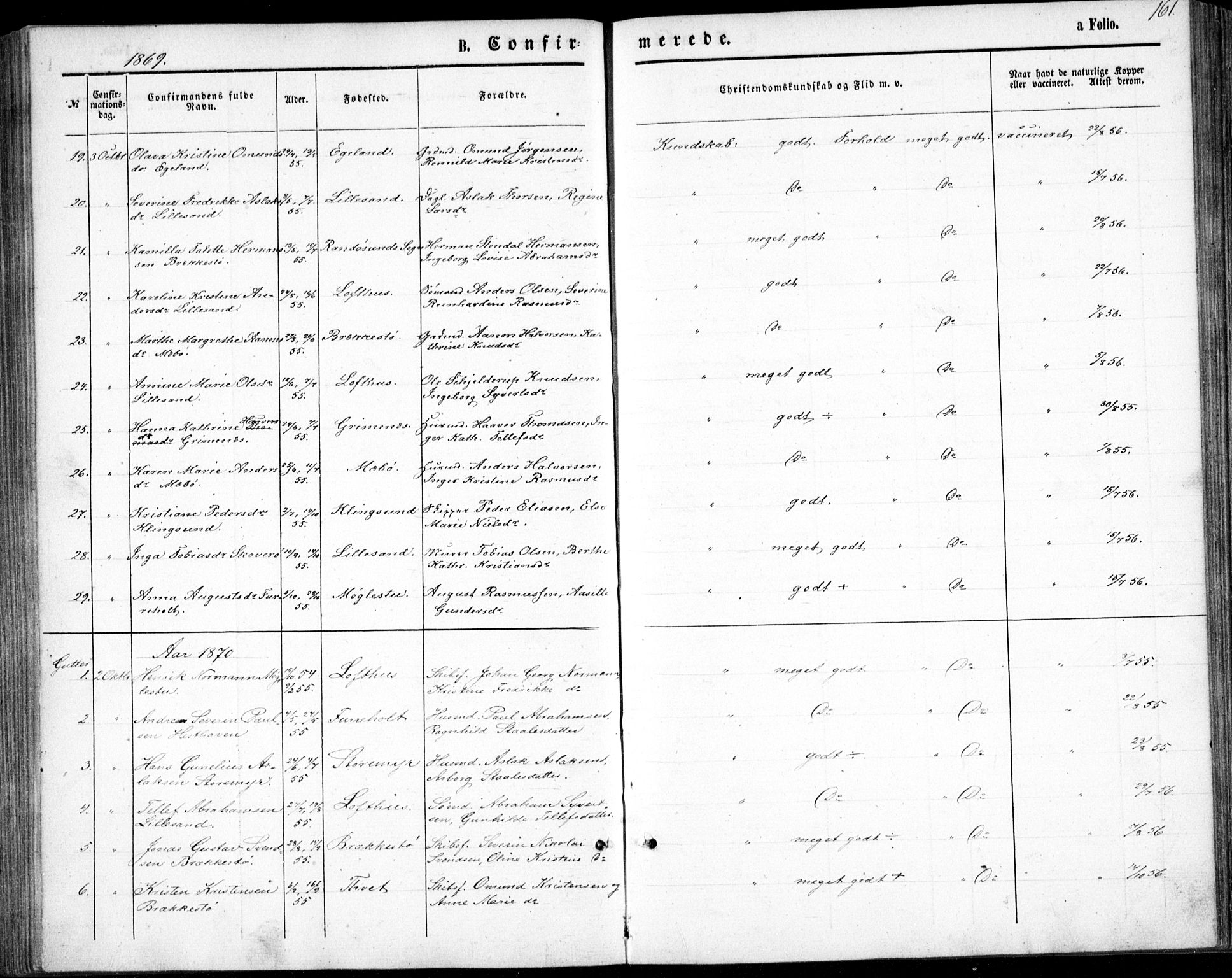 Vestre Moland sokneprestkontor, SAK/1111-0046/F/Fb/Fbb/L0004: Parish register (copy) no. B 4, 1861-1872, p. 161