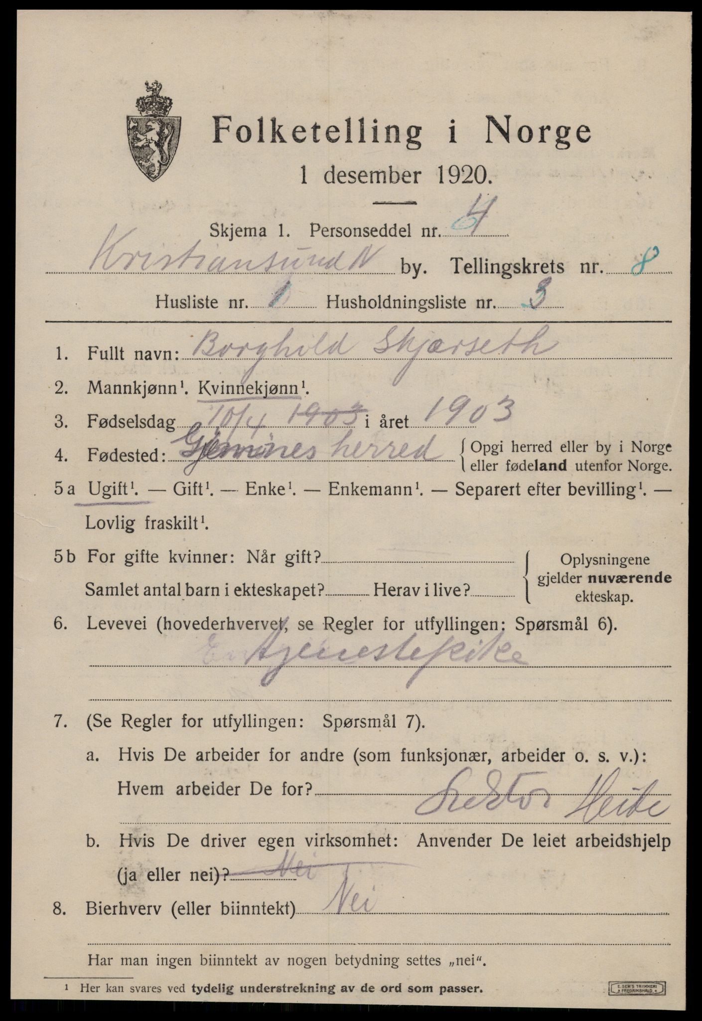 SAT, 1920 census for Kristiansund, 1920, p. 19847