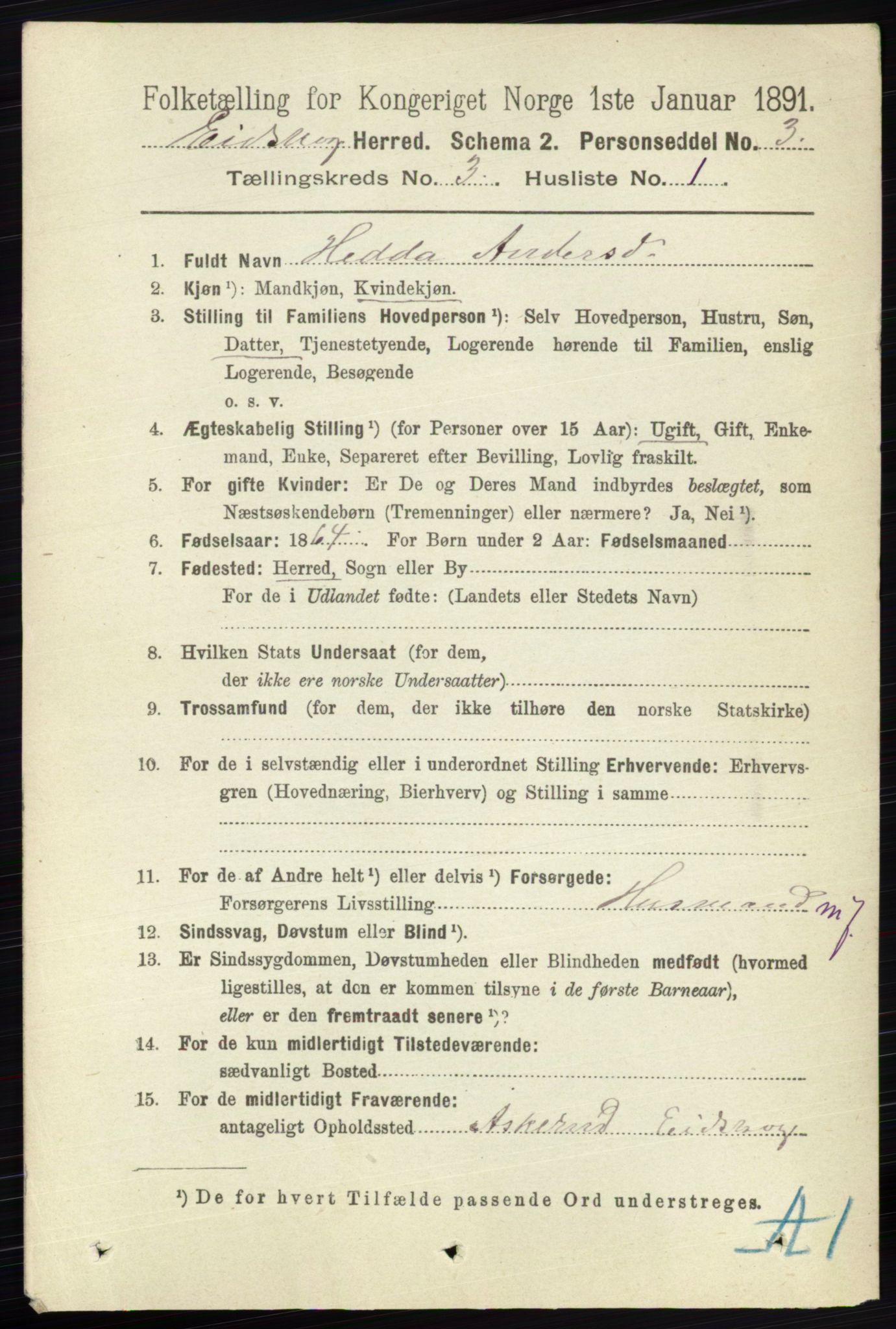 RA, 1891 census for 0420 Eidskog, 1891, p. 1073