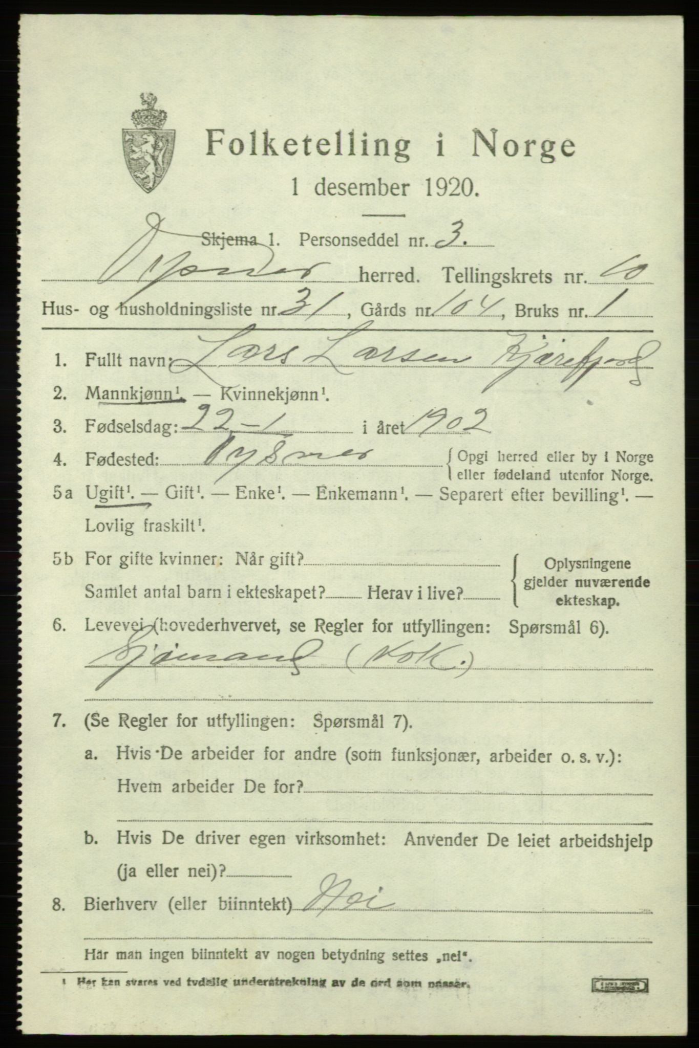 SAB, 1920 census for Tysnes, 1920, p. 7476