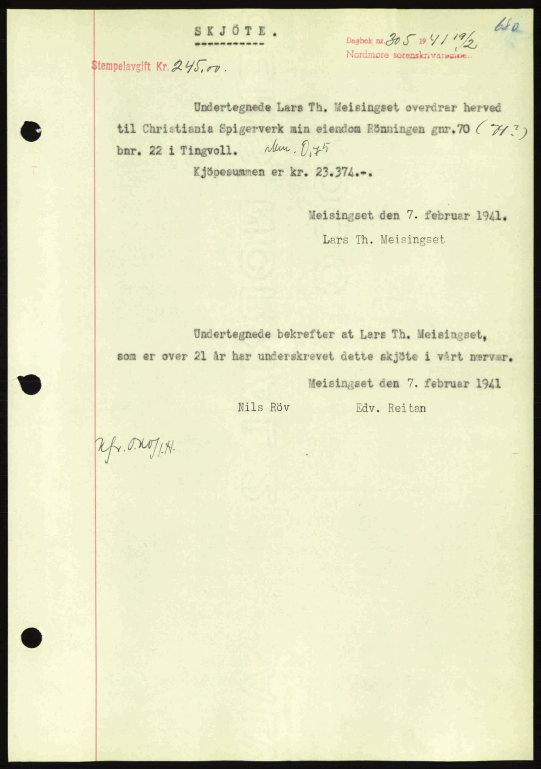 Nordmøre sorenskriveri, SAT/A-4132/1/2/2Ca: Mortgage book no. A89, 1940-1941, Diary no: : 305/1941