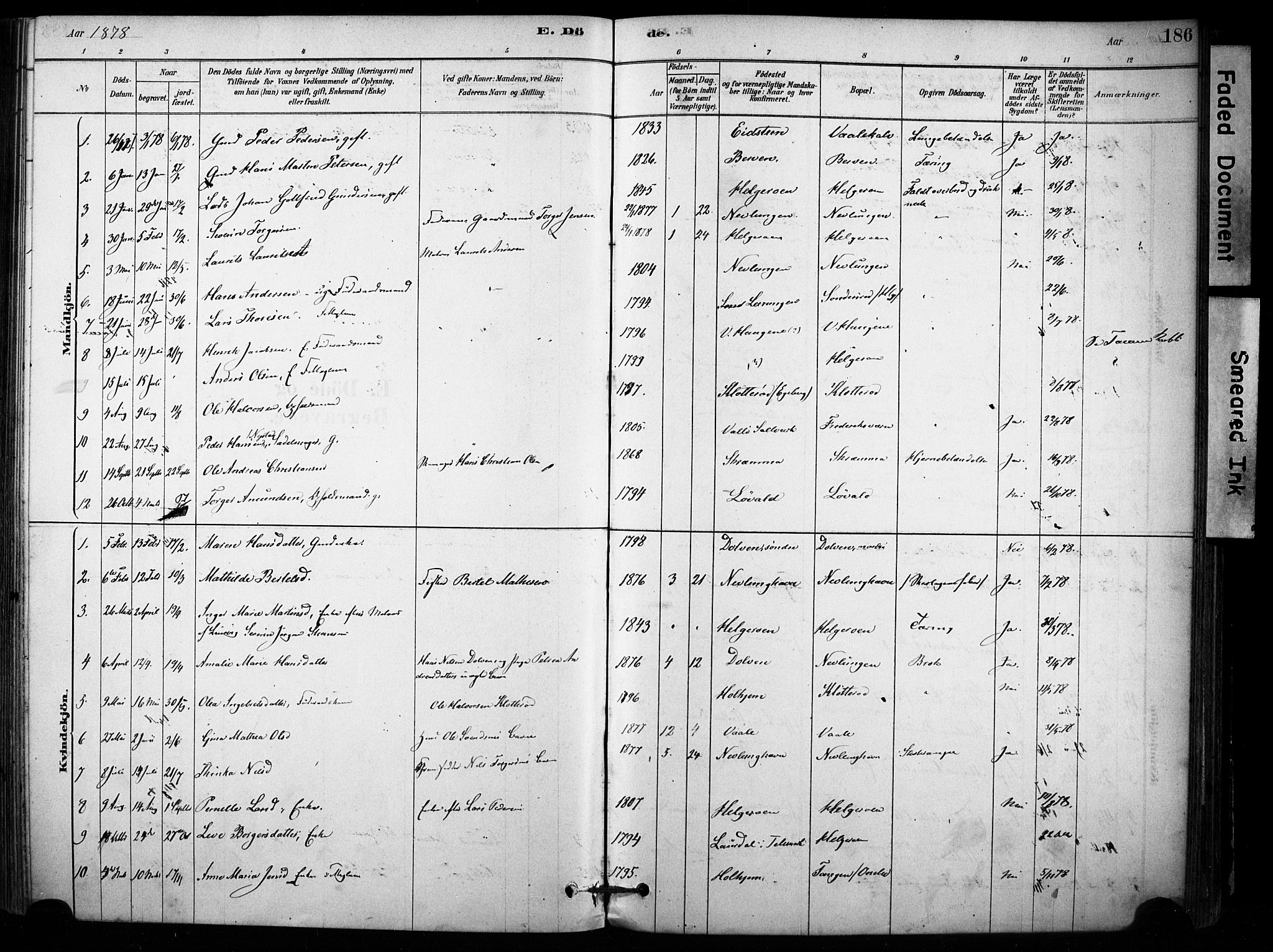 Brunlanes kirkebøker, AV/SAKO-A-342/F/Fb/L0001: Parish register (official) no. II 1, 1878-1899, p. 186