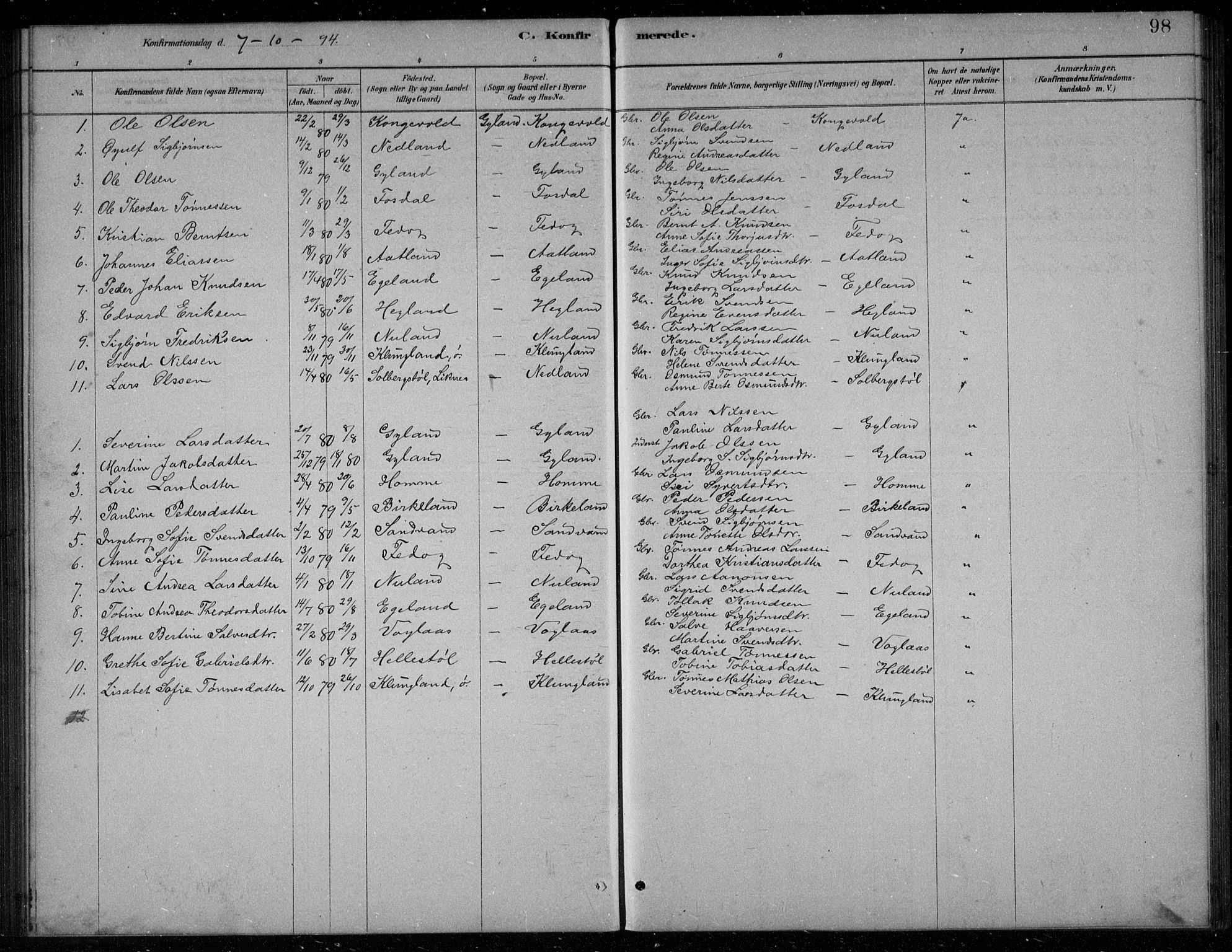 Bakke sokneprestkontor, SAK/1111-0002/F/Fb/Fbb/L0003: Parish register (copy) no. B 3, 1878-1896, p. 98