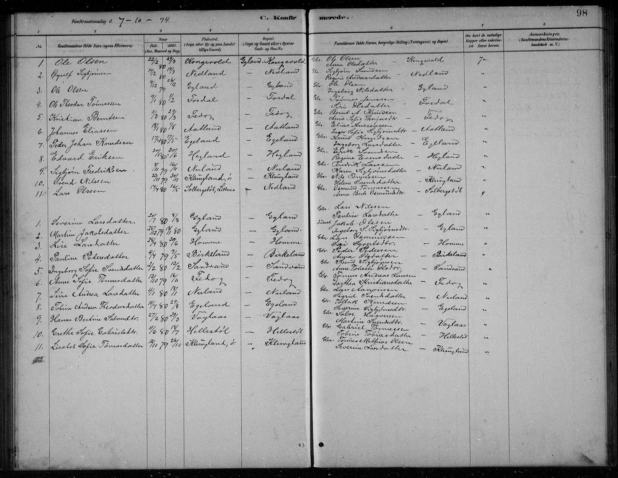 Bakke sokneprestkontor, AV/SAK-1111-0002/F/Fb/Fbb/L0003: Parish register (copy) no. B 3, 1878-1896, p. 98