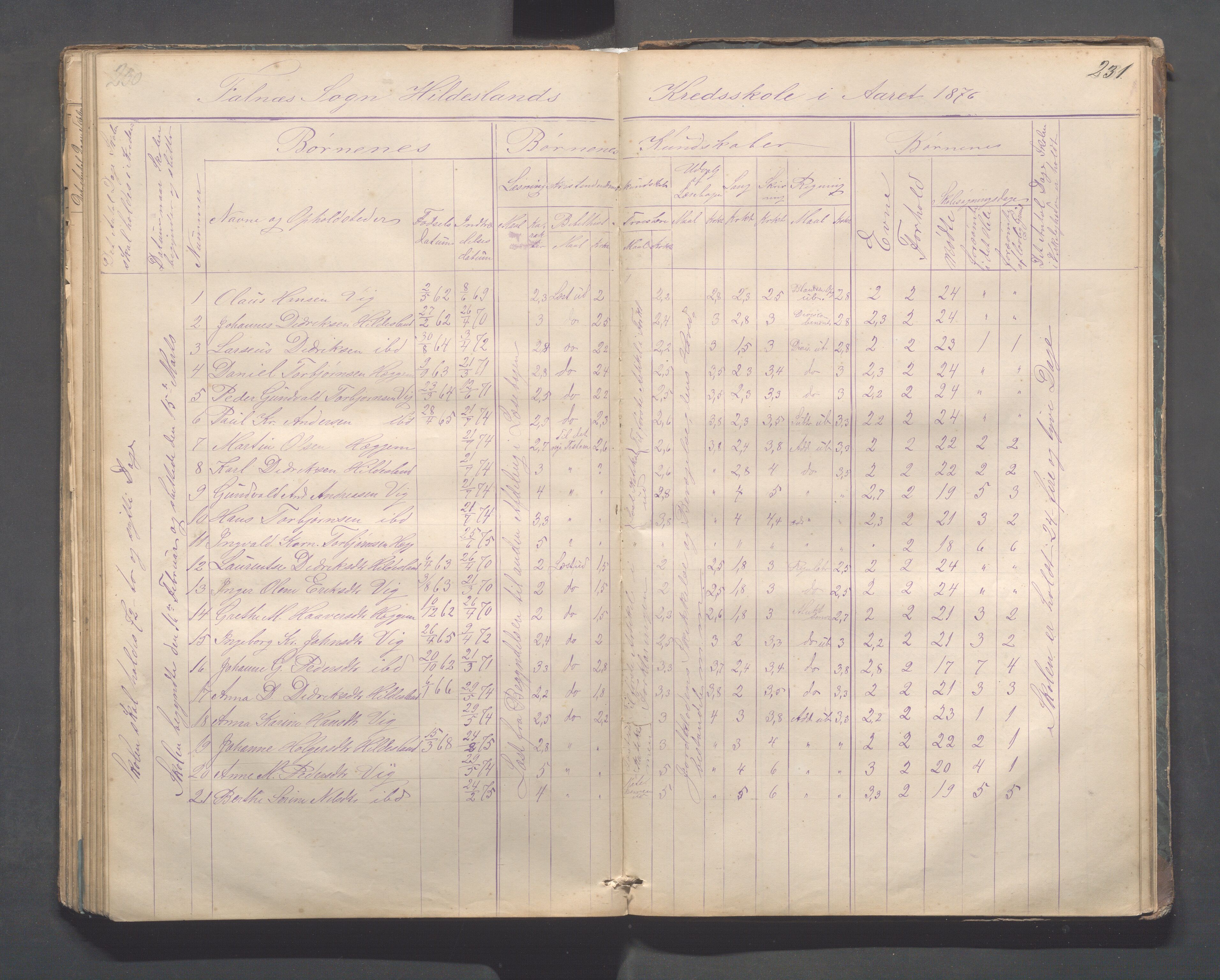 Skudenes kommune - Dale - Hillesland - Snørteland skolekretser, IKAR/A-306/H/L0002: Dale - Hillesland - Snørteland, 1869-1882, p. 230-231