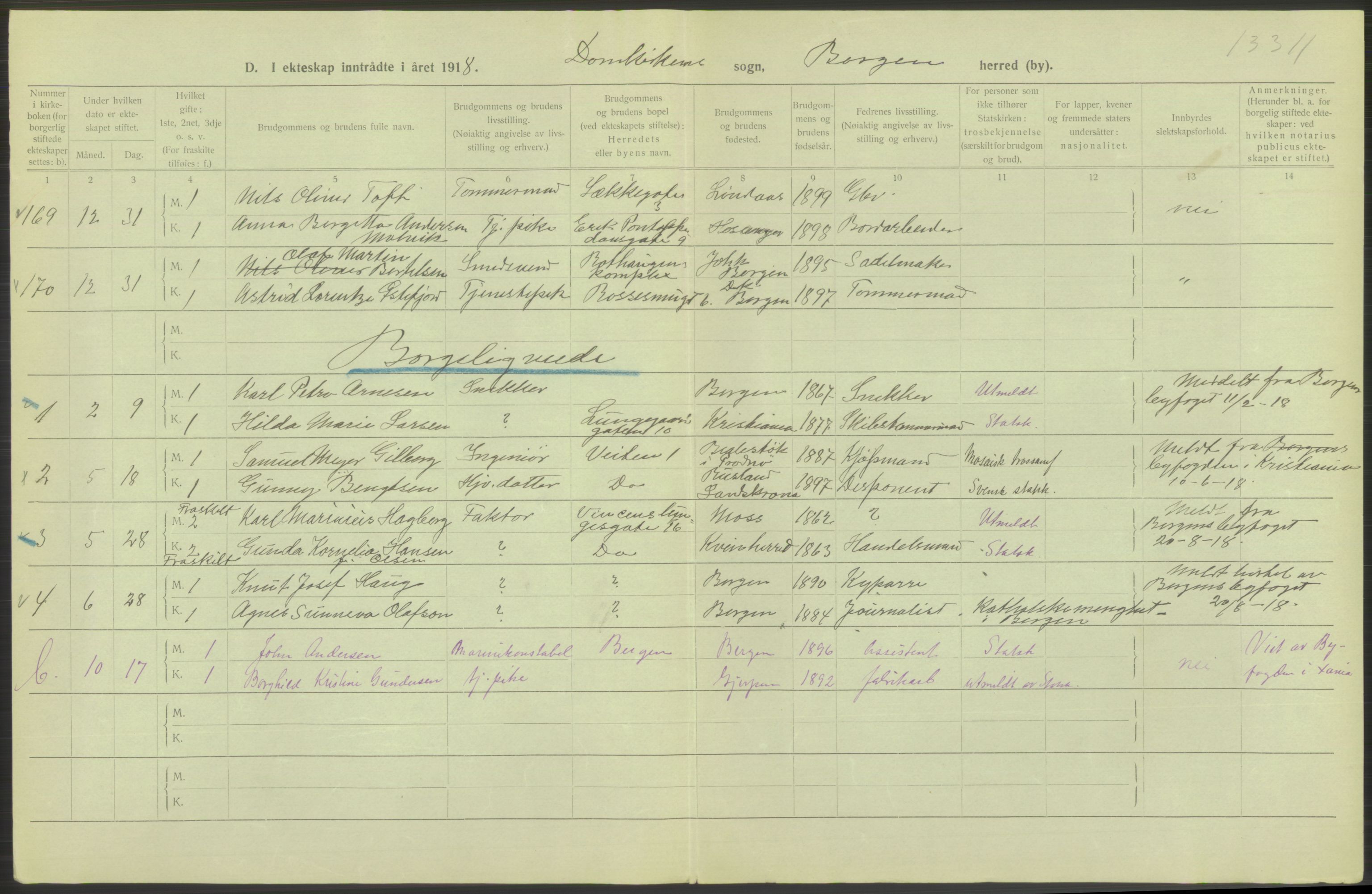 Statistisk sentralbyrå, Sosiodemografiske emner, Befolkning, RA/S-2228/D/Df/Dfb/Dfbh/L0038: Bergen: Gifte, dødfødte., 1918, p. 312