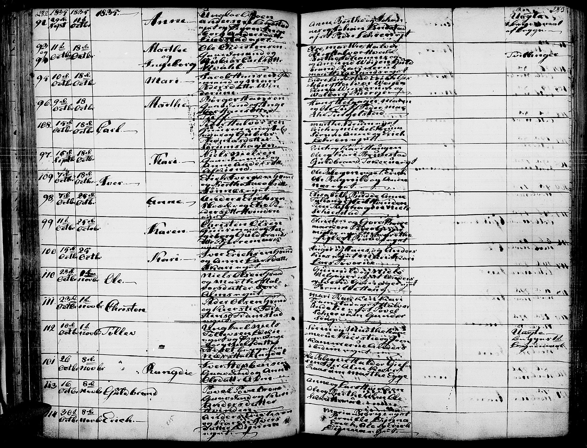 Gran prestekontor, AV/SAH-PREST-112/H/Ha/Haa/L0010: Parish register (official) no. 10, 1824-1842, p. 282-283