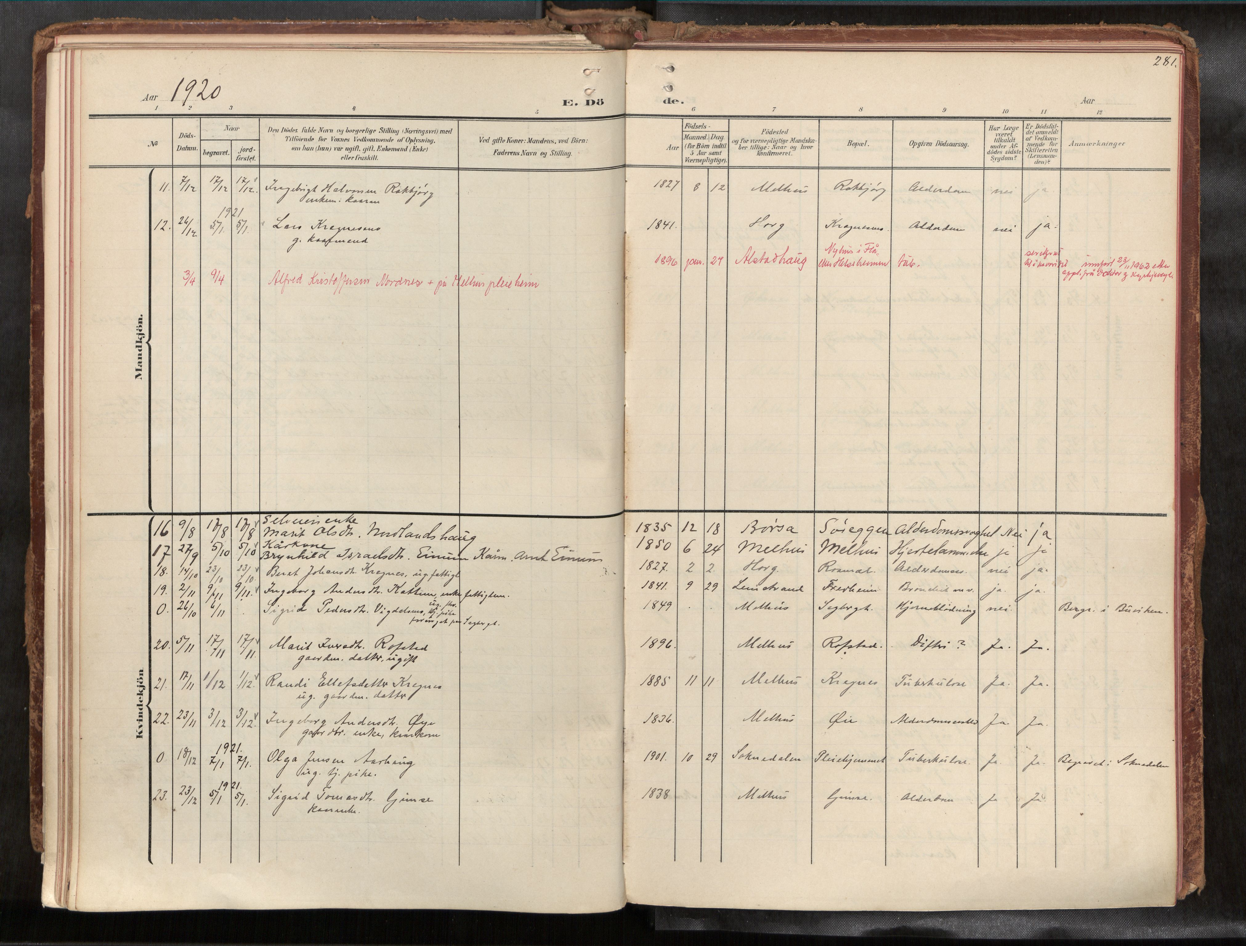 Ministerialprotokoller, klokkerbøker og fødselsregistre - Sør-Trøndelag, SAT/A-1456/691/L1085b: Parish register (official) no. 691A18, 1908-1930, p. 281